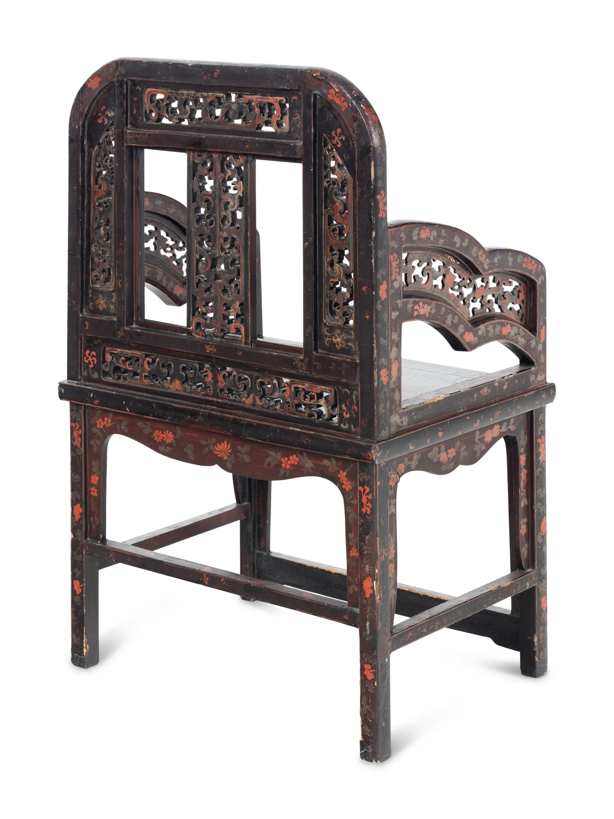 A Chinese Polychrome Lacquered Wood Armchair