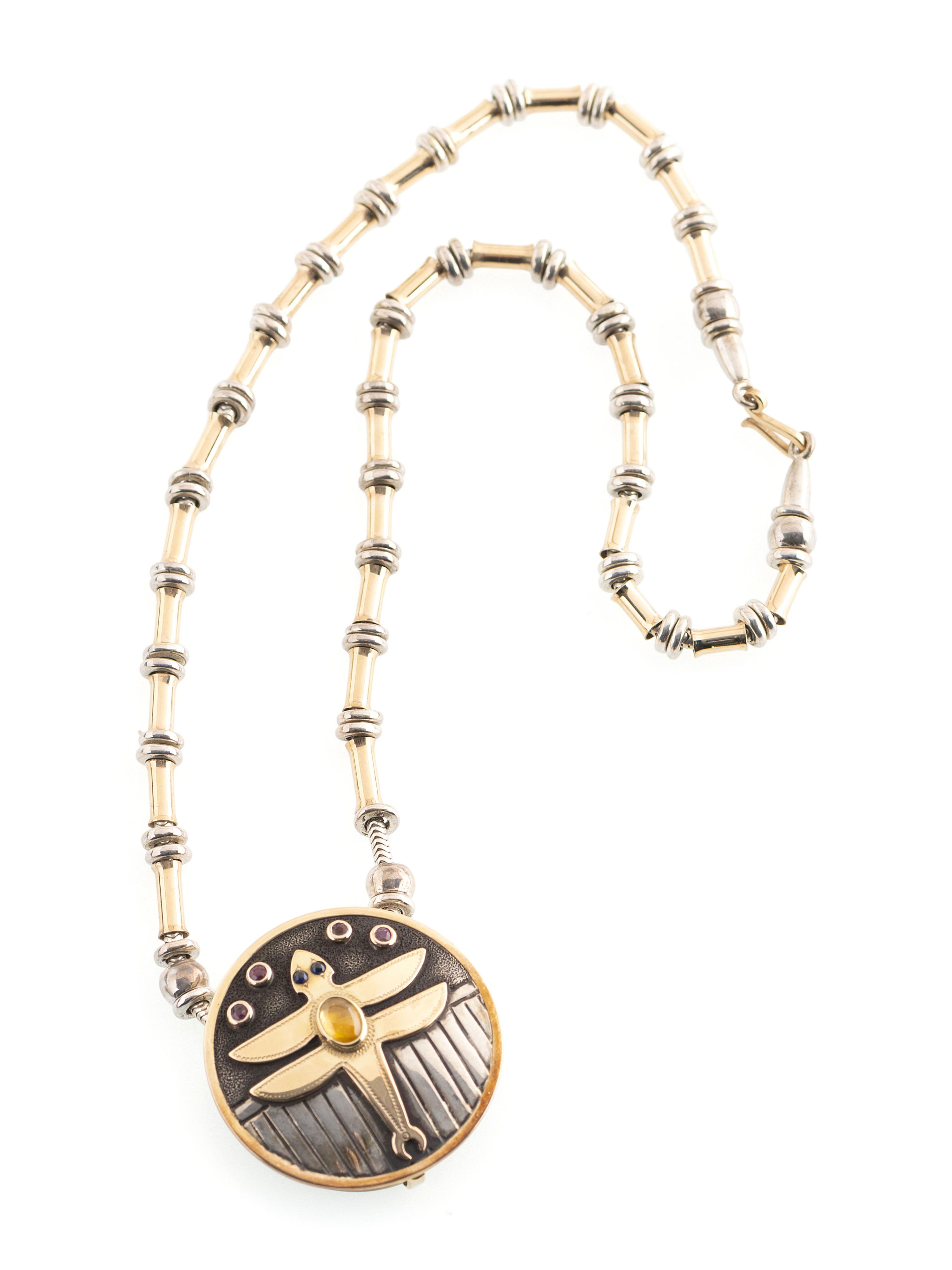 Sterling Silver, Gold and Semi Precious Stone Necklace, with Dragonfly Locket