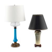 An Opaline Glass Lamp and a Glazed Art Pottery Lamp