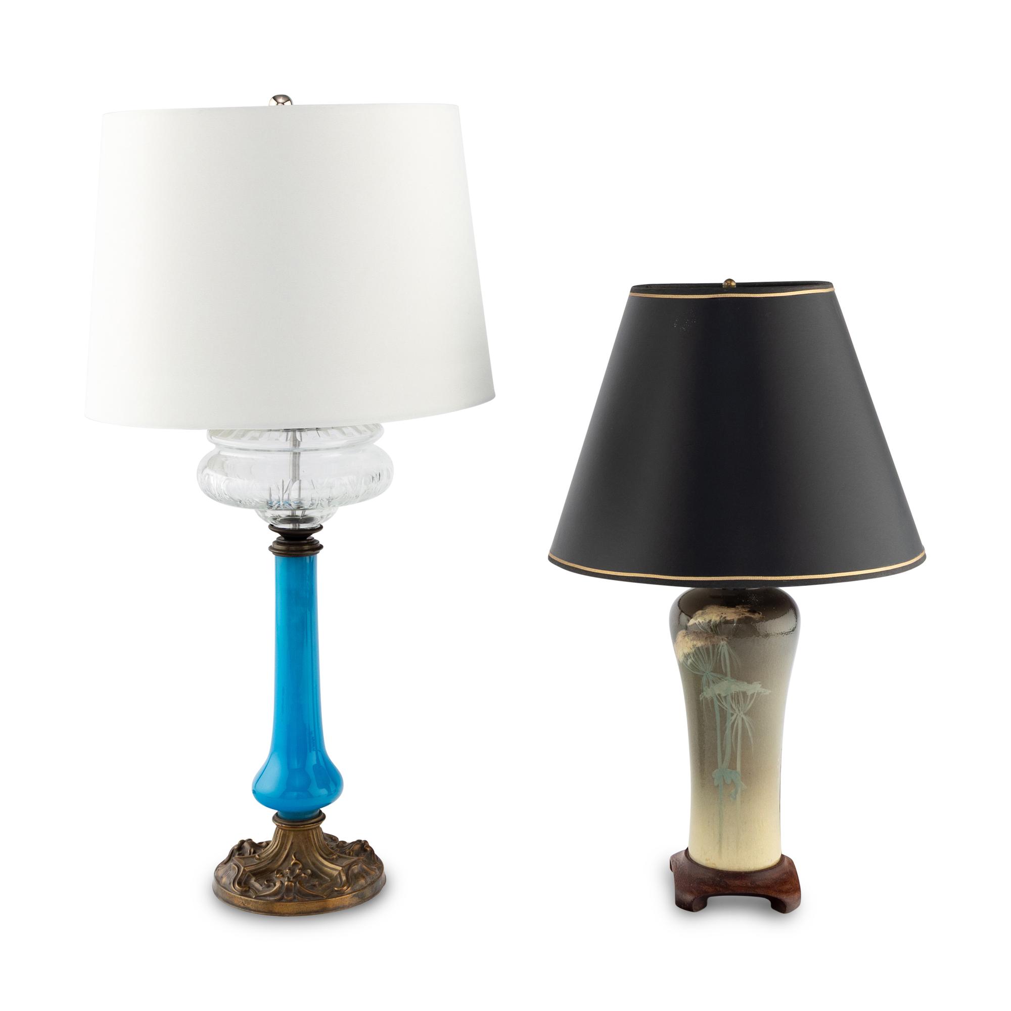 An Opaline Glass Lamp and a Glazed Art Pottery Lamp