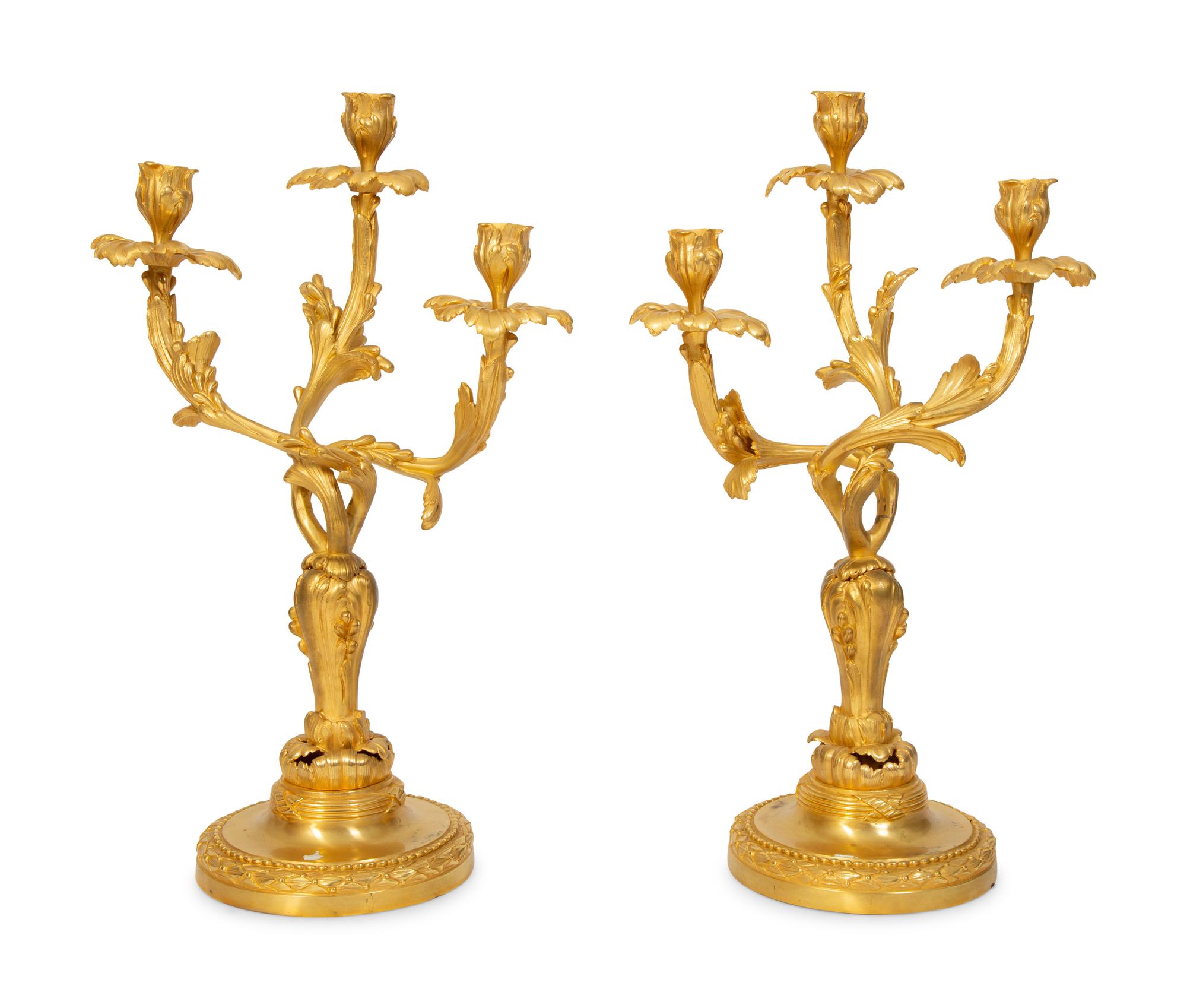 A Pair of Louis XV Style Gilt Bronze Three Light Candelabra — 19TH CENTURY