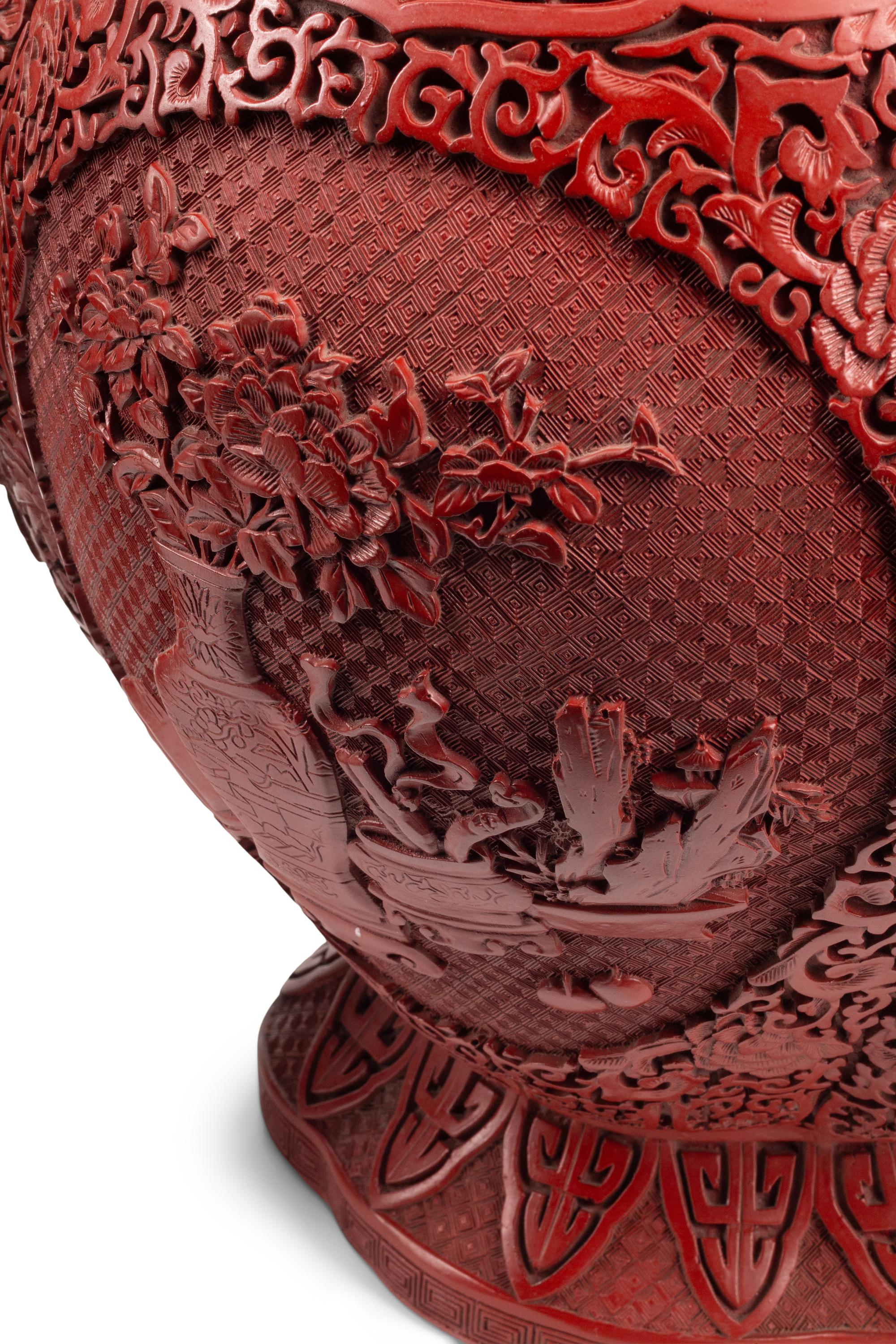 A Pair of Large Chinese Carved Red Lacquer Vases