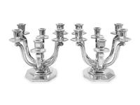 A Pair of French Silver and Aventurine Quartz Six-Light Candelabra