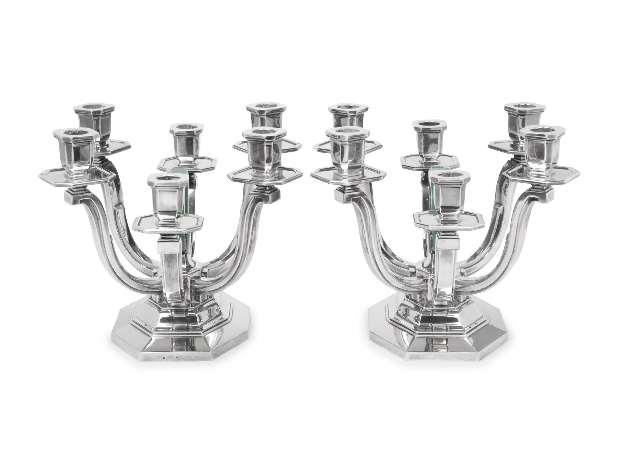 A Pair of French Silver and Aventurine Quartz Six-Light Candelabra