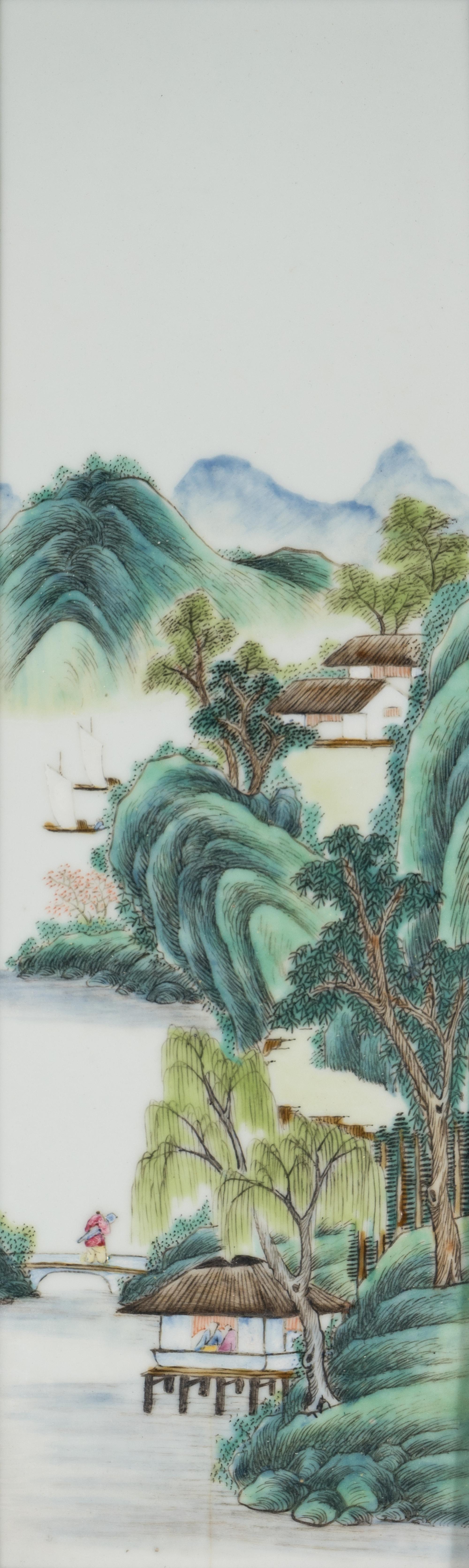 A Set of Four Chinese Famille Rose Porcelain Plaque Inset Hardwood Hanging Screens, Late Qing/Republic Period 清末/民國 紅木嵌山水詩文瓷板挂屏四條