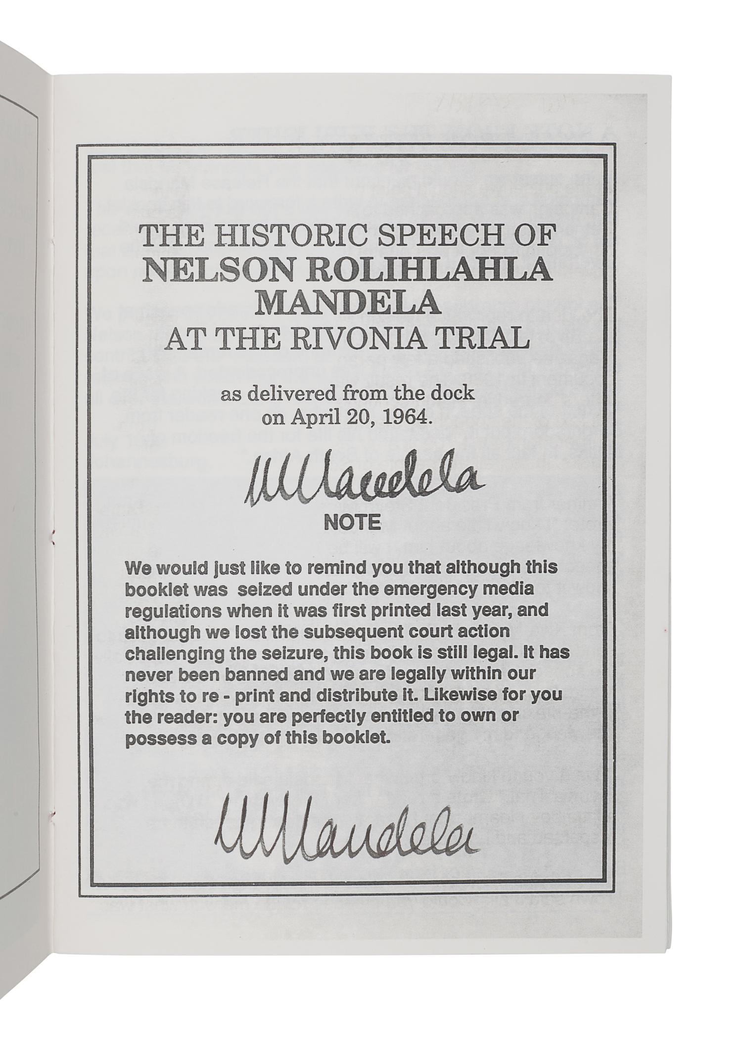 MANDELA, Nelson (1918-2013). The Historic Speech of Nelson Rolihlahla Mandela at the Rivonia Trial: As Delivered from the Dock on April 20, 1964. Johannesburg: Learn and Teach Publications, [1998].