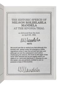 MANDELA, Nelson (1918-2013). The Historic Speech of Nelson Rolihlahla Mandela at the Rivonia Trial: As Delivered from the Dock on April 20, 1964. Johannesburg: Learn and Teach Publications, [1998].