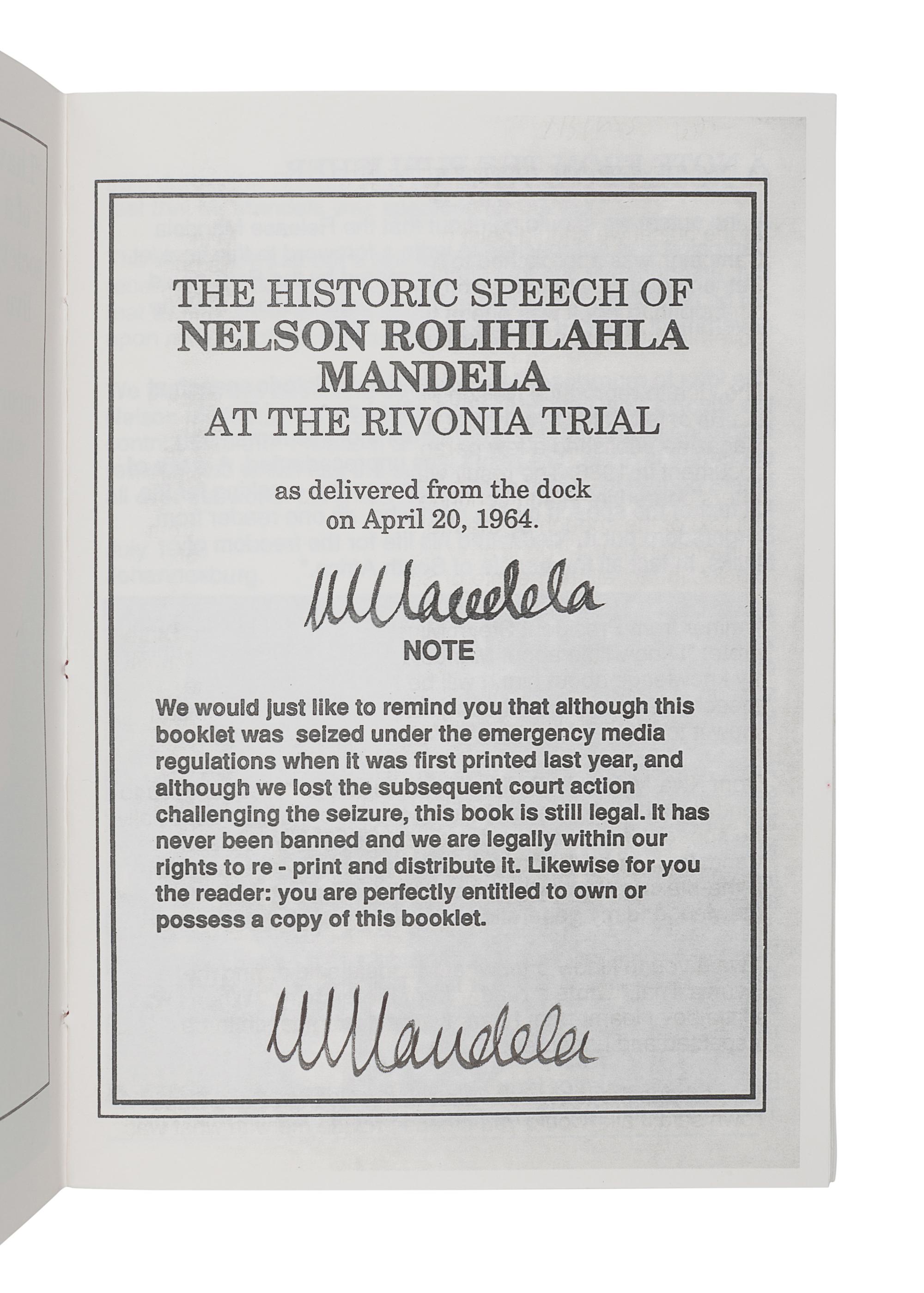 MANDELA, Nelson (1918-2013). The Historic Speech of Nelson Rolihlahla Mandela at the Rivonia Trial: As Delivered from the Dock on April 20, 1964. Johannesburg: Learn and Teach Publications, [1998].