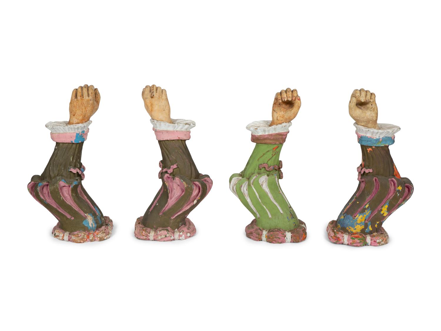 Four Venetian Style Carved and Painted Arm-form Wall Sconces