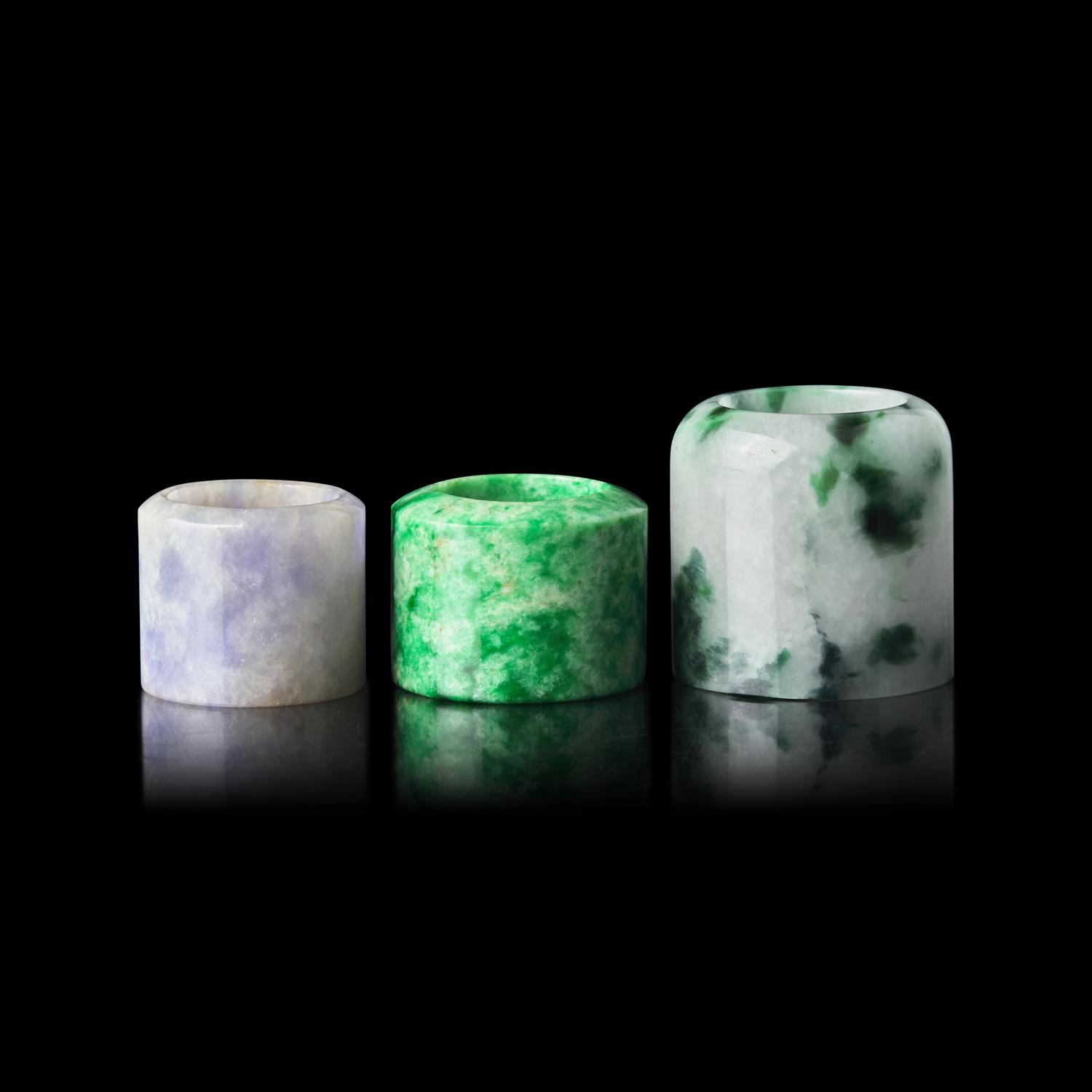 Three Chinese Jadeite Archer's Rings 翡翠扳指三枚