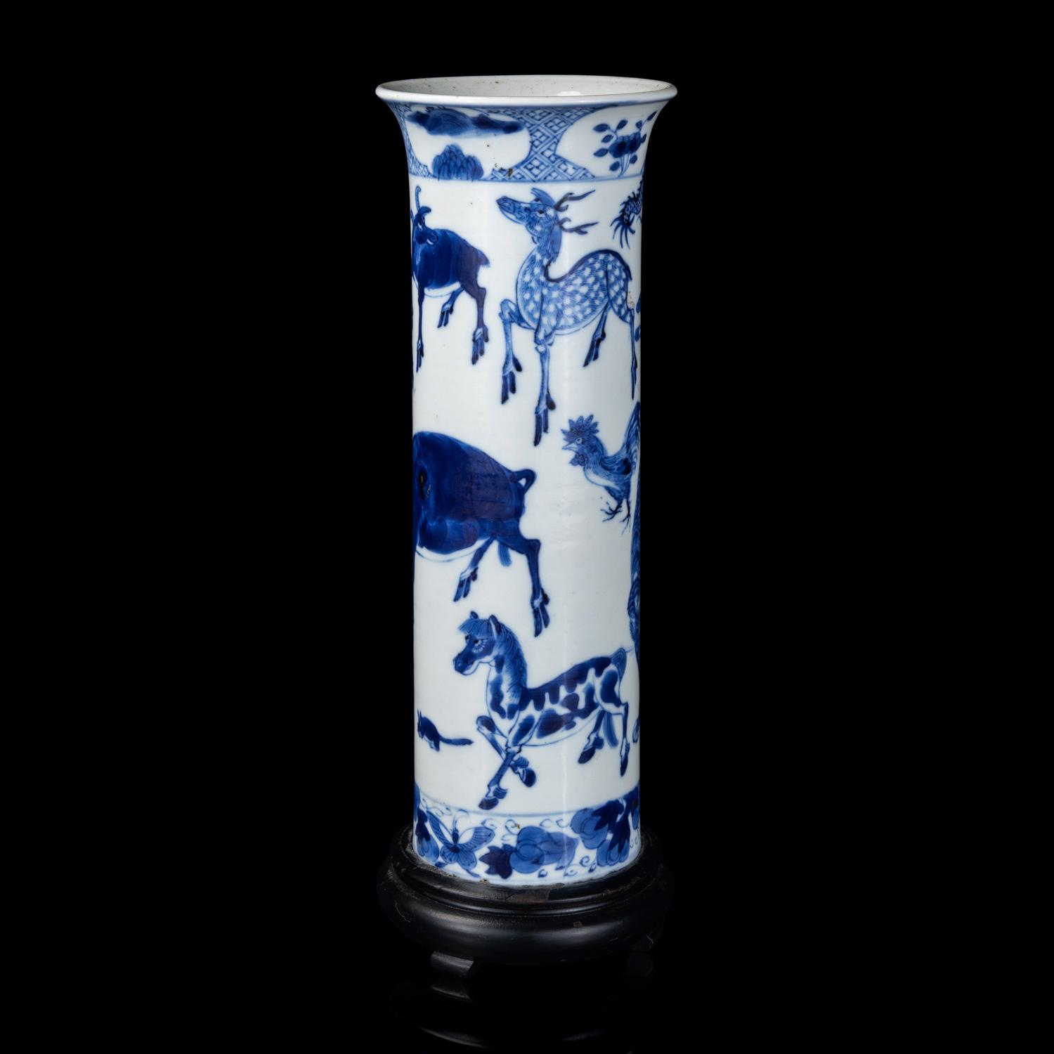 A Chinese Blue and White 'Zodiac' Beaker Vase, Late Qing Dynasty 清晚期 青花十二生肖圖直筒瓶