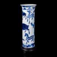A Chinese Blue and White 'Zodiac' Beaker Vase, Late Qing Dynasty 清晚期 青花十二生肖圖直筒瓶