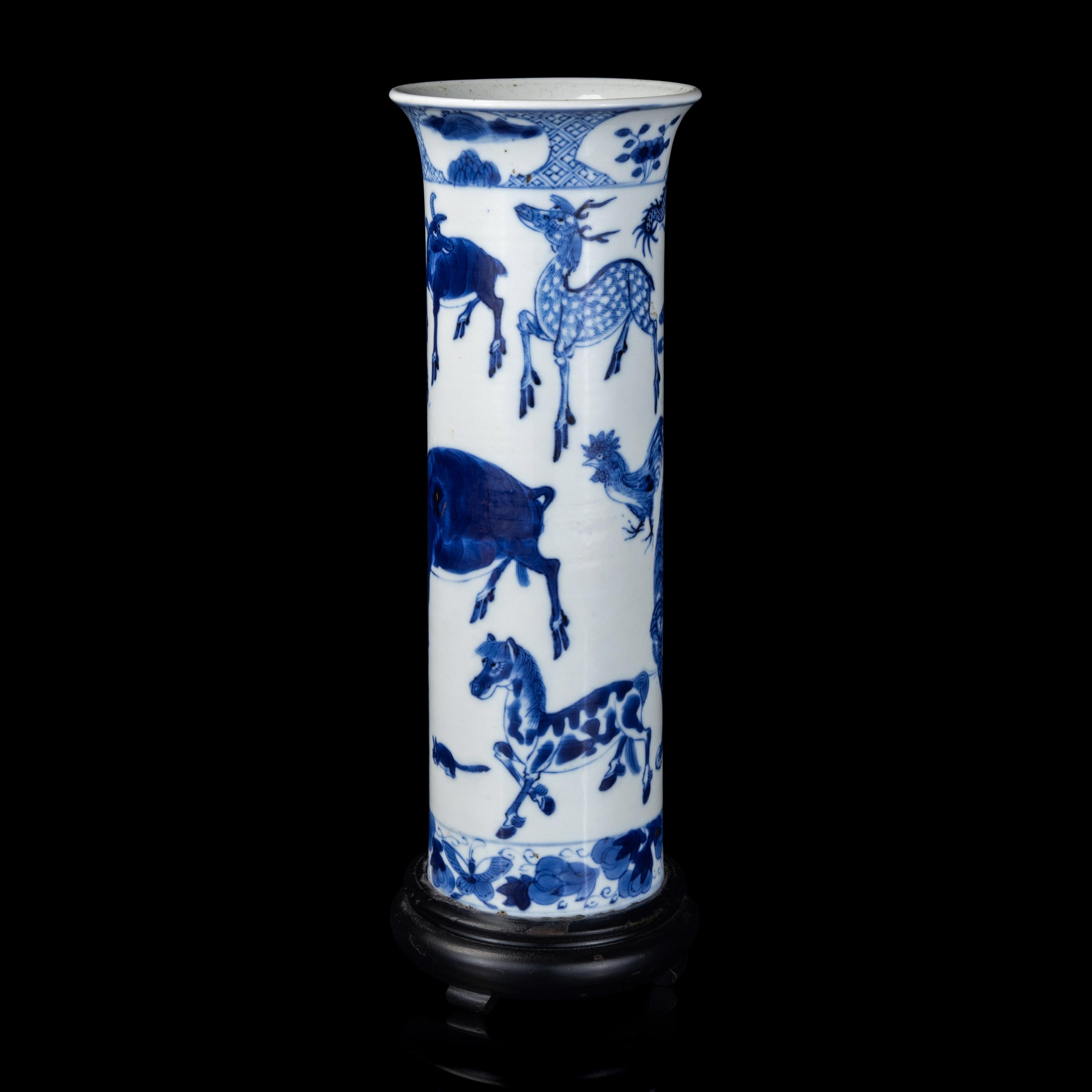 A Chinese Blue and White 'Zodiac' Beaker Vase, Late Qing Dynasty 清晚期 青花十二生肖圖直筒瓶