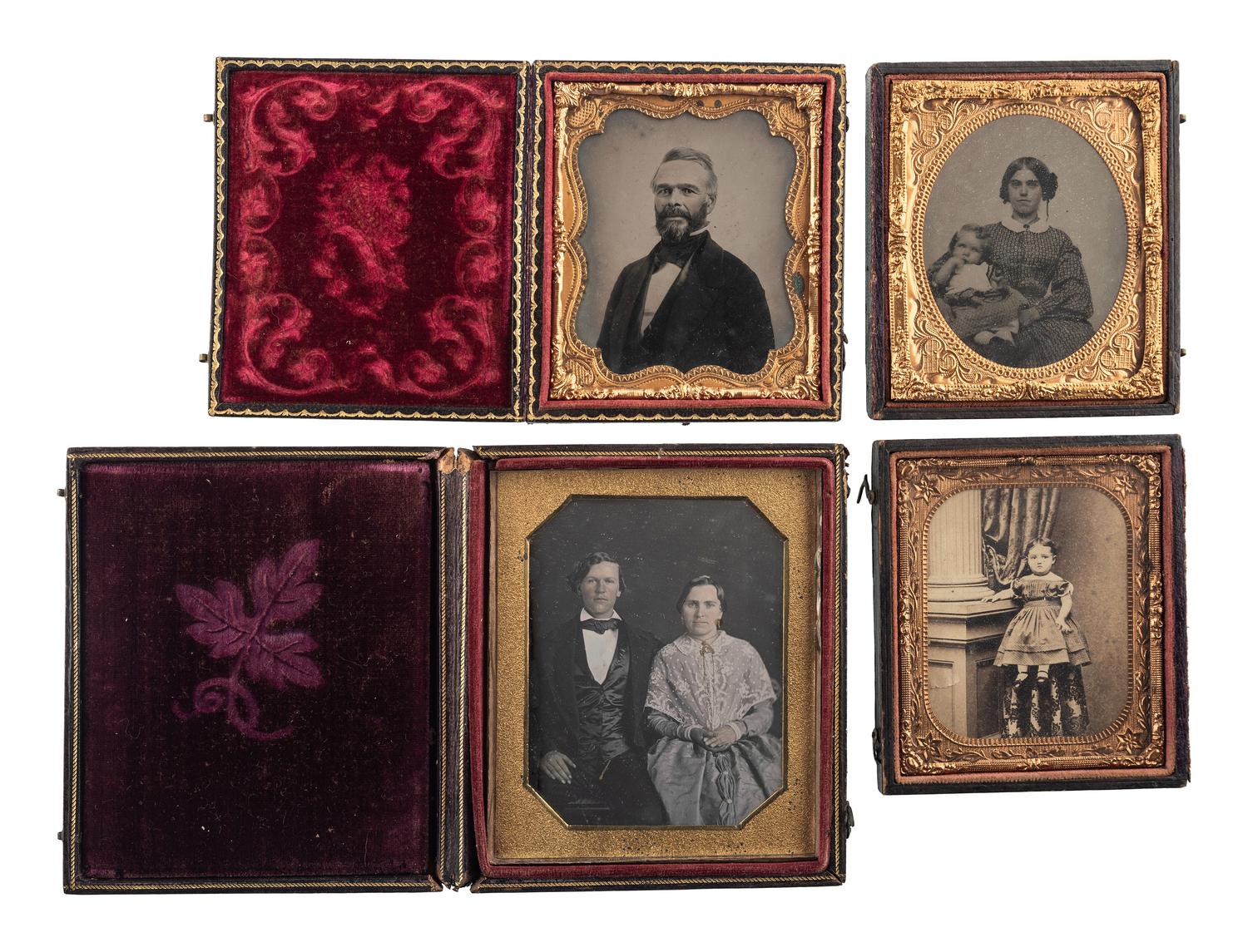 [EARLY PHOTOGRAPHY - PORTRAITURE]. A group of 21 assorted daguerreotypes, ambrotypes, tintypes, and CDVs of men, women, and children, with Kenosha, WI album with tintypes, CDVs, and cabinet cards.