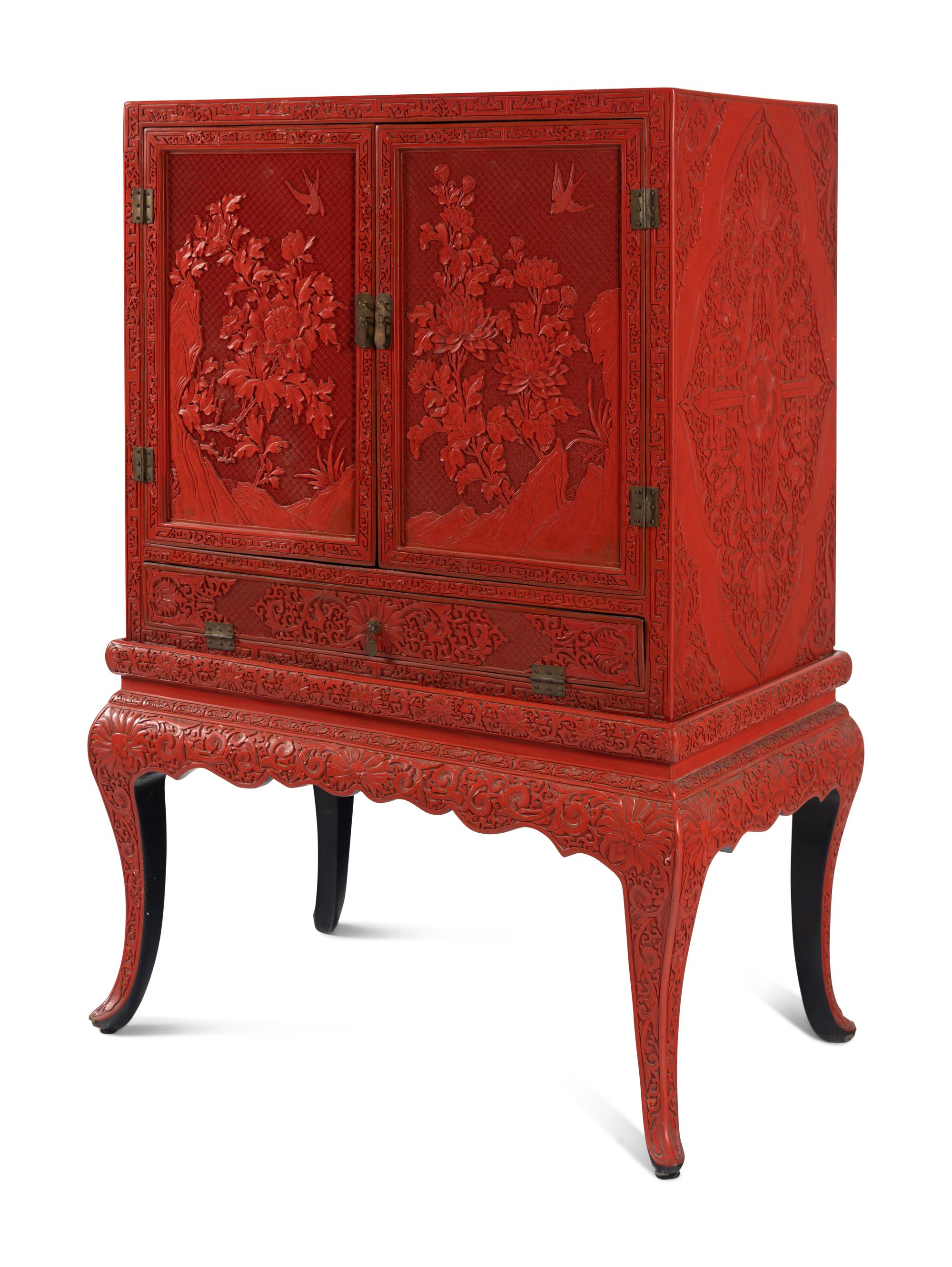 A Large Chinese Cinnabar Lacquer Chest on Stand