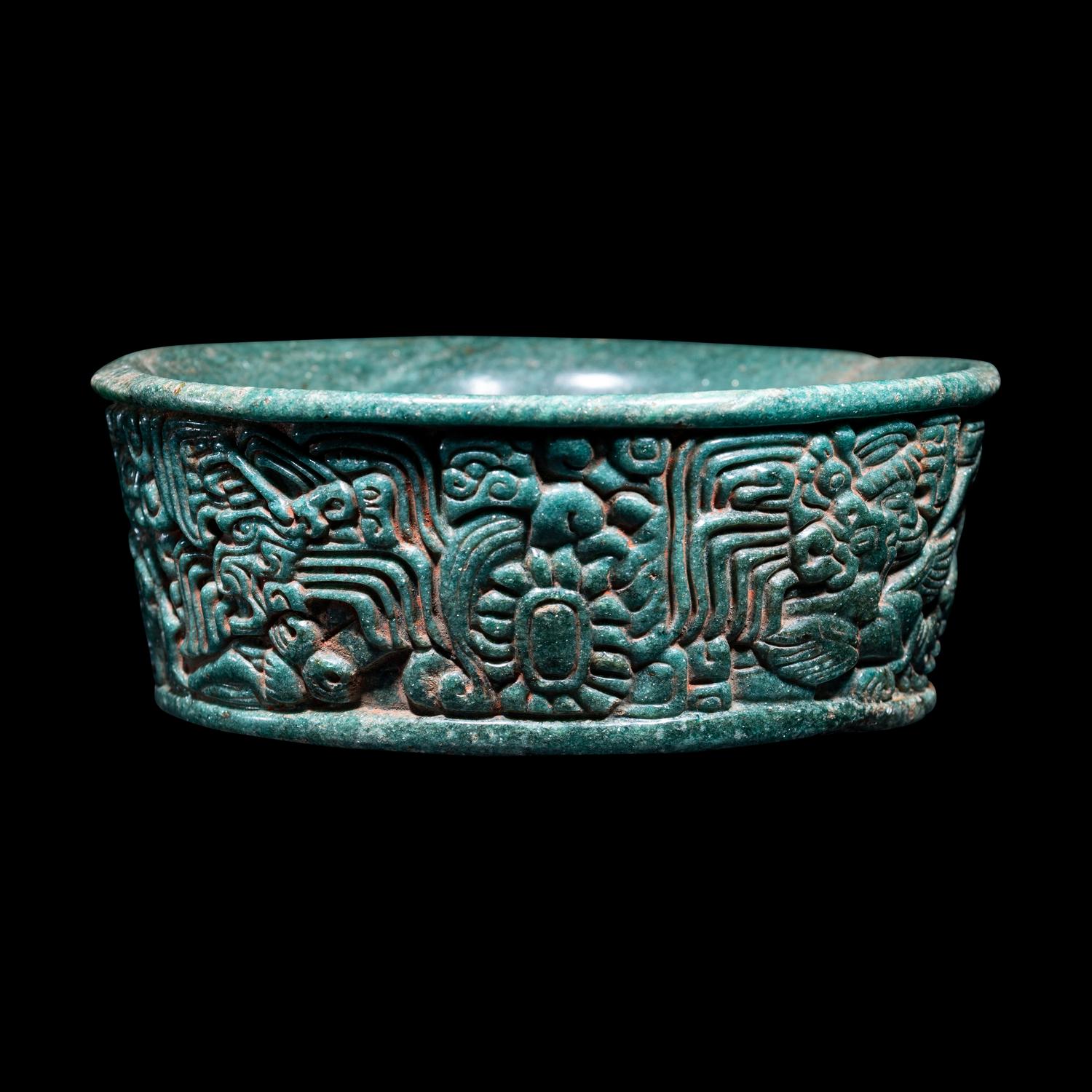 A Maya Green Fuchsite Bowl with Intricate Figures