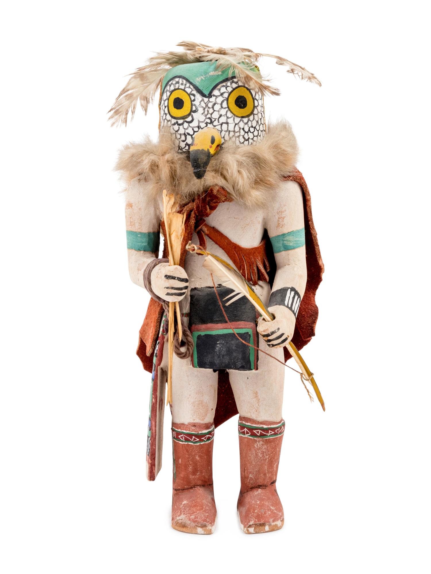 A Group of Three Katsinas including Wood Carrier, owl, and doll with case mask with protruding eyes and snout