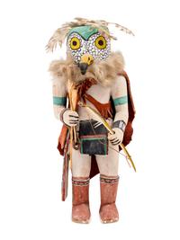 A Group of Three Katsinas including Wood Carrier, owl, and doll with case mask with protruding eyes and snout
