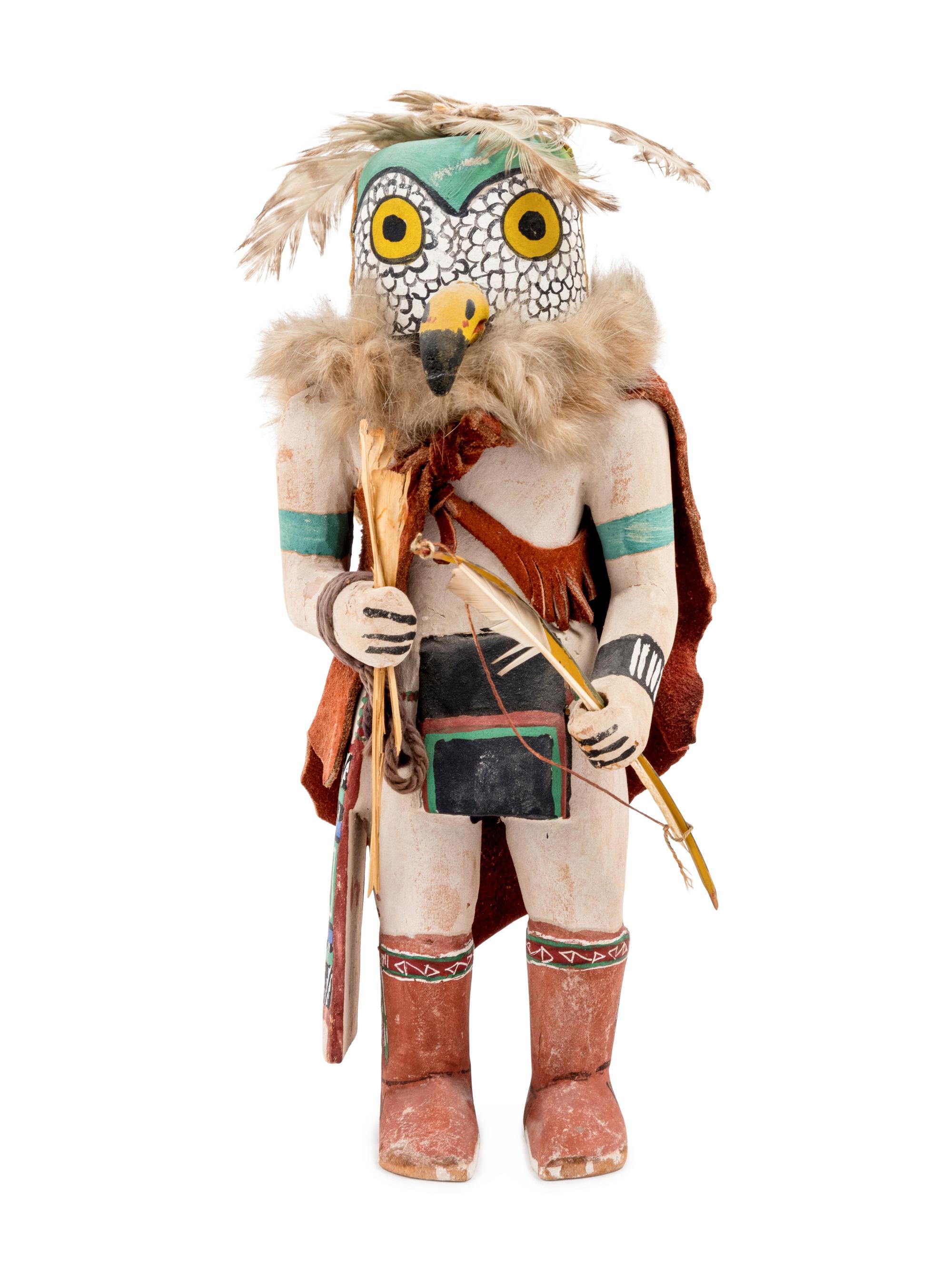 A Group of Three Katsinas including Wood Carrier, owl, and doll with case mask with protruding eyes and snout