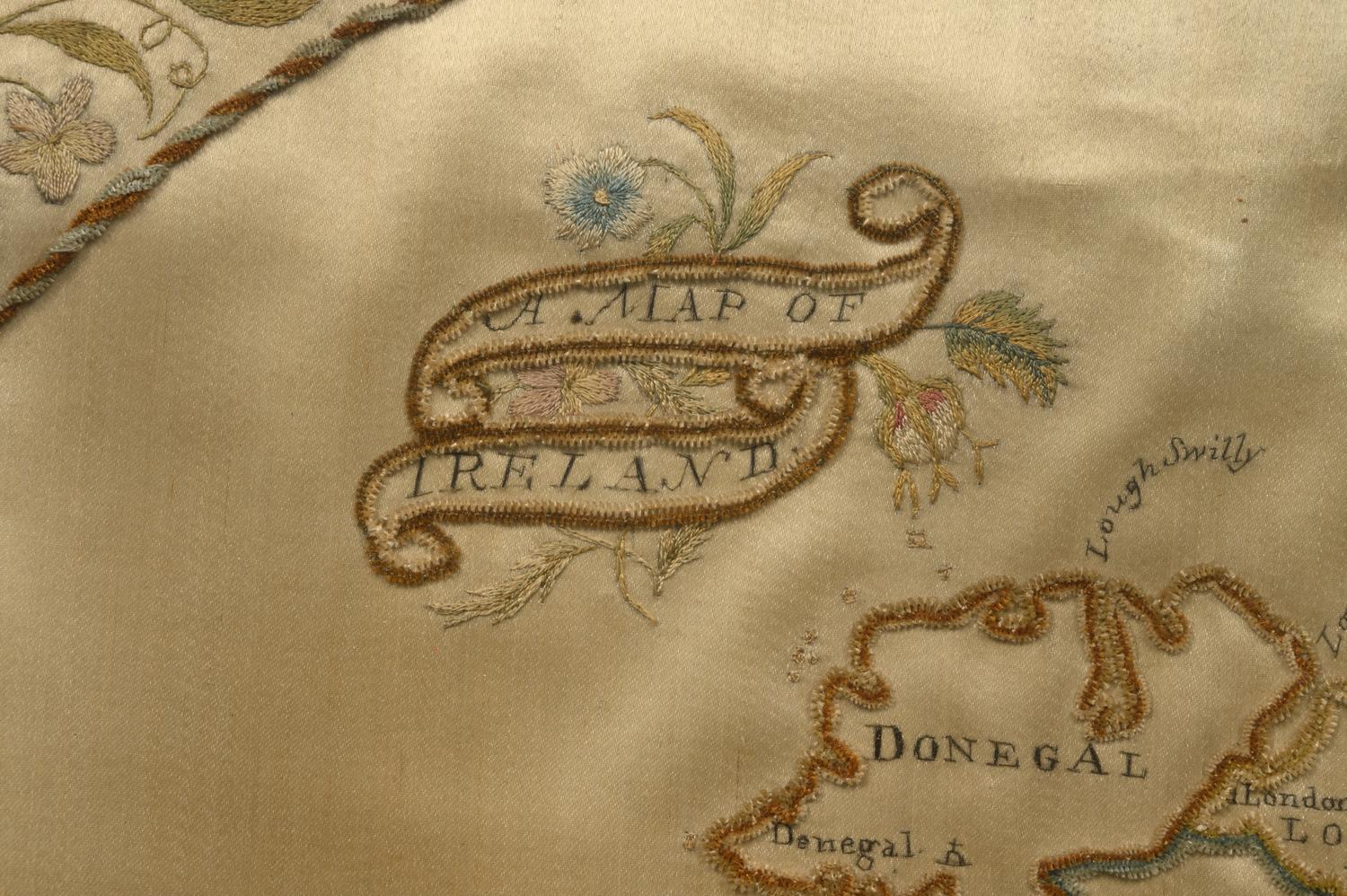 An Irish Embroidered and Chenille Decorated Map of Ireland on Silk
