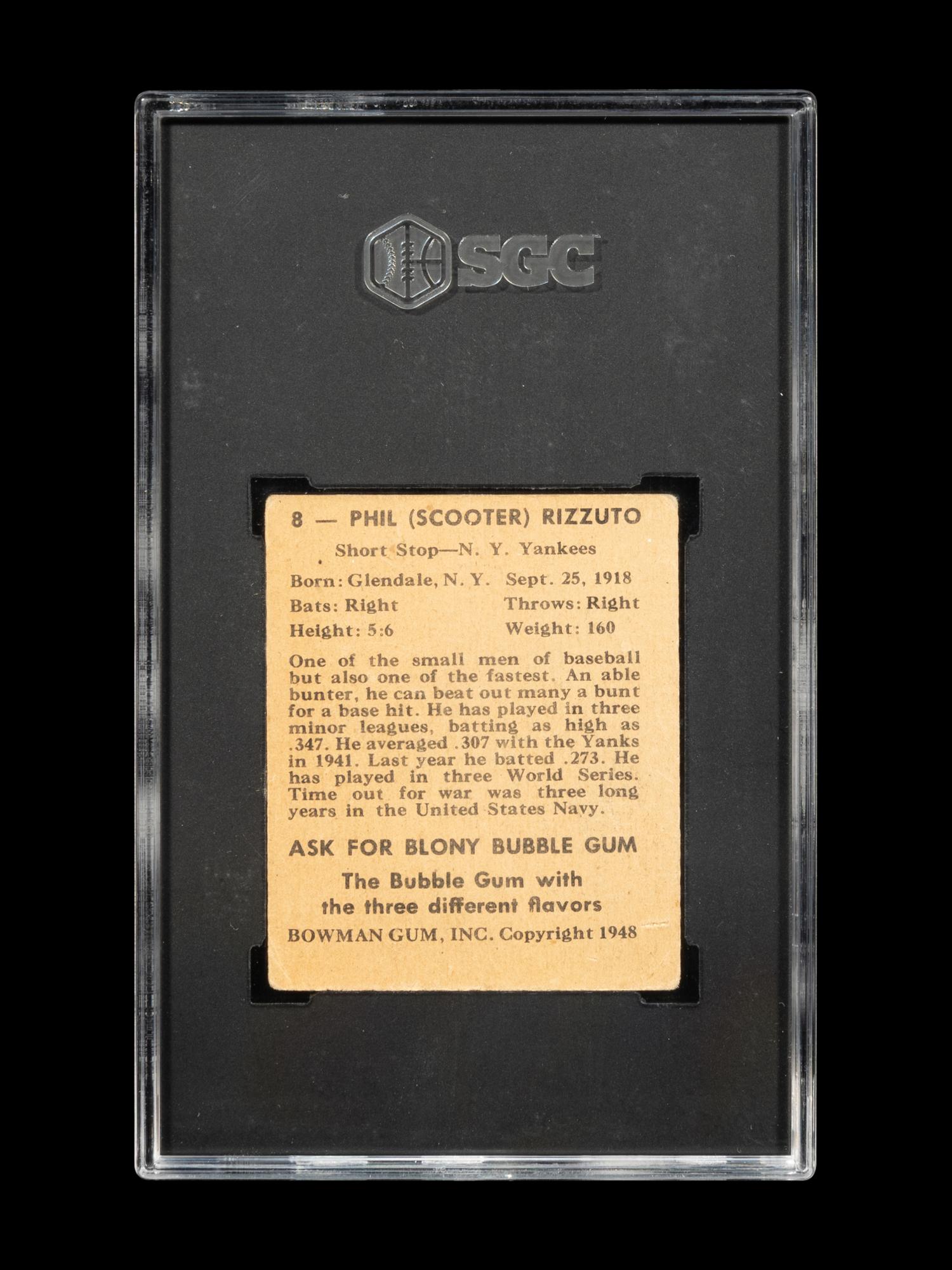 A 1948 Bowman Phil Rizzuto Rookie Baseball Card No. 8 (SGC 2 GOOD)