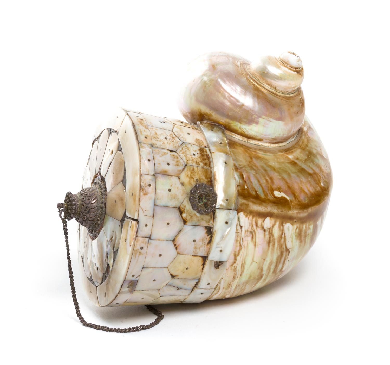 A Middle Eastern Mother-of-Pearl Veneered Powder Flask, Width 6 inches.