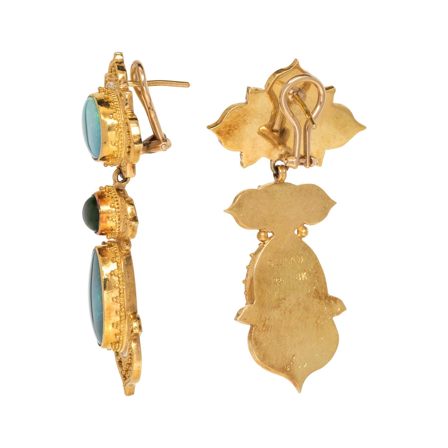 LUNA FELIX GOLDSMITH, YELLOW GOLD, OPAL AND CHROME DIOPSIDE EARCLIPS