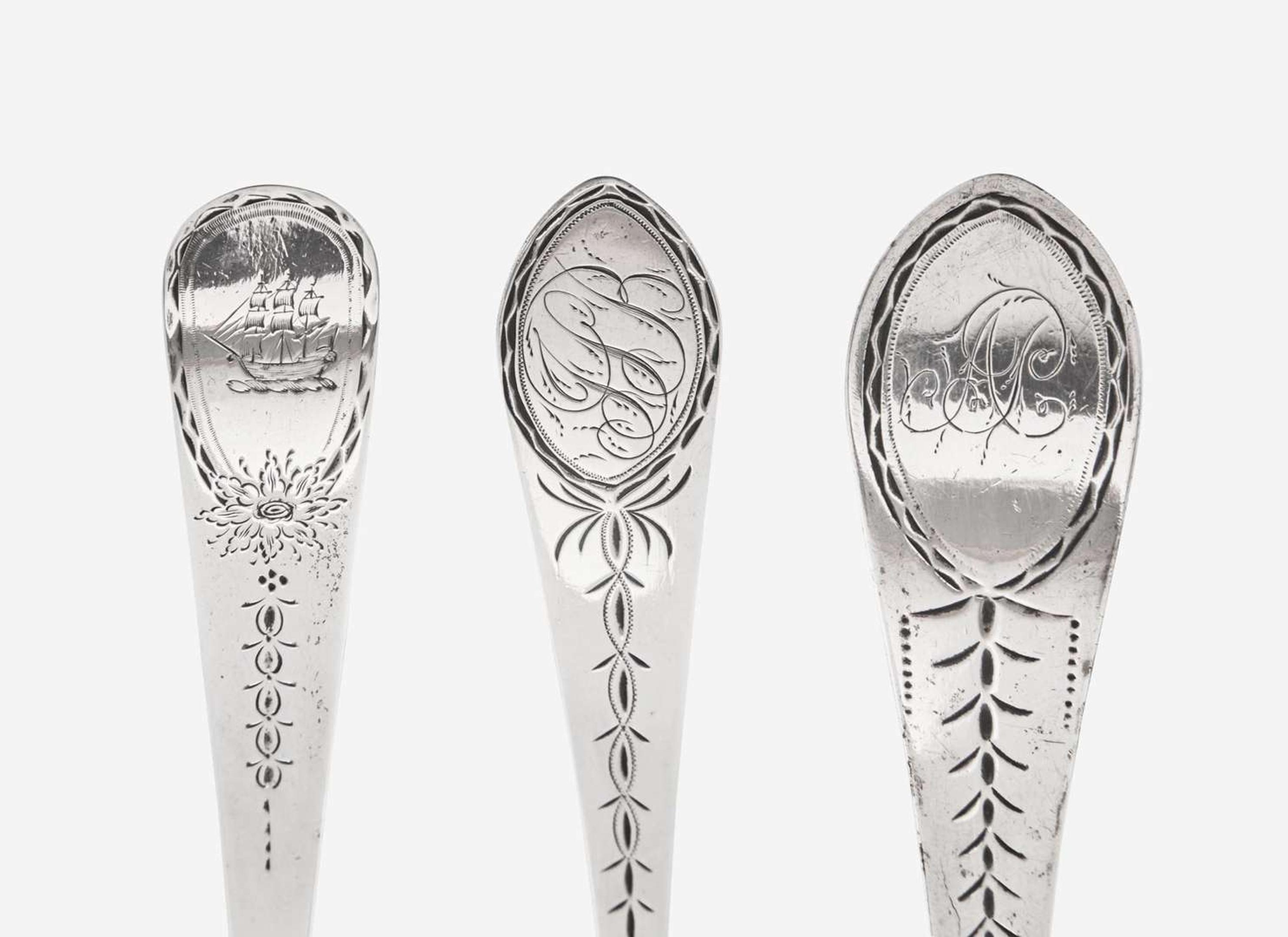 A group of three Federal silver punch ladles, William Garret Forbes (1751-1840), New York, NY, Isaac Hutton (1766-1855), Albany, NY, and John Bedford (active 1782-1834), Fishkill, NY, circa 1790