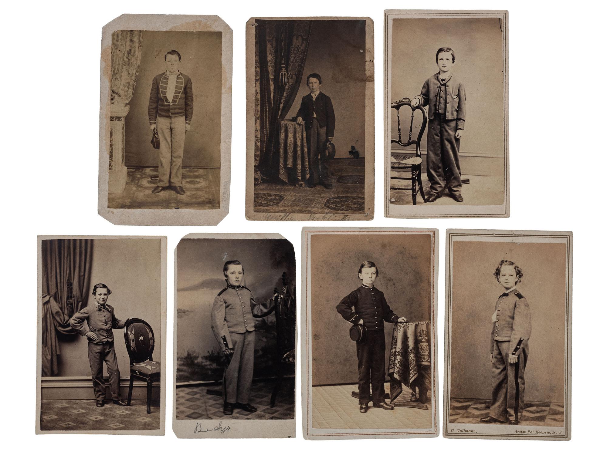 [CIVIL WAR]. A group of 7 CDVs of Civil War-era boys in uniform.