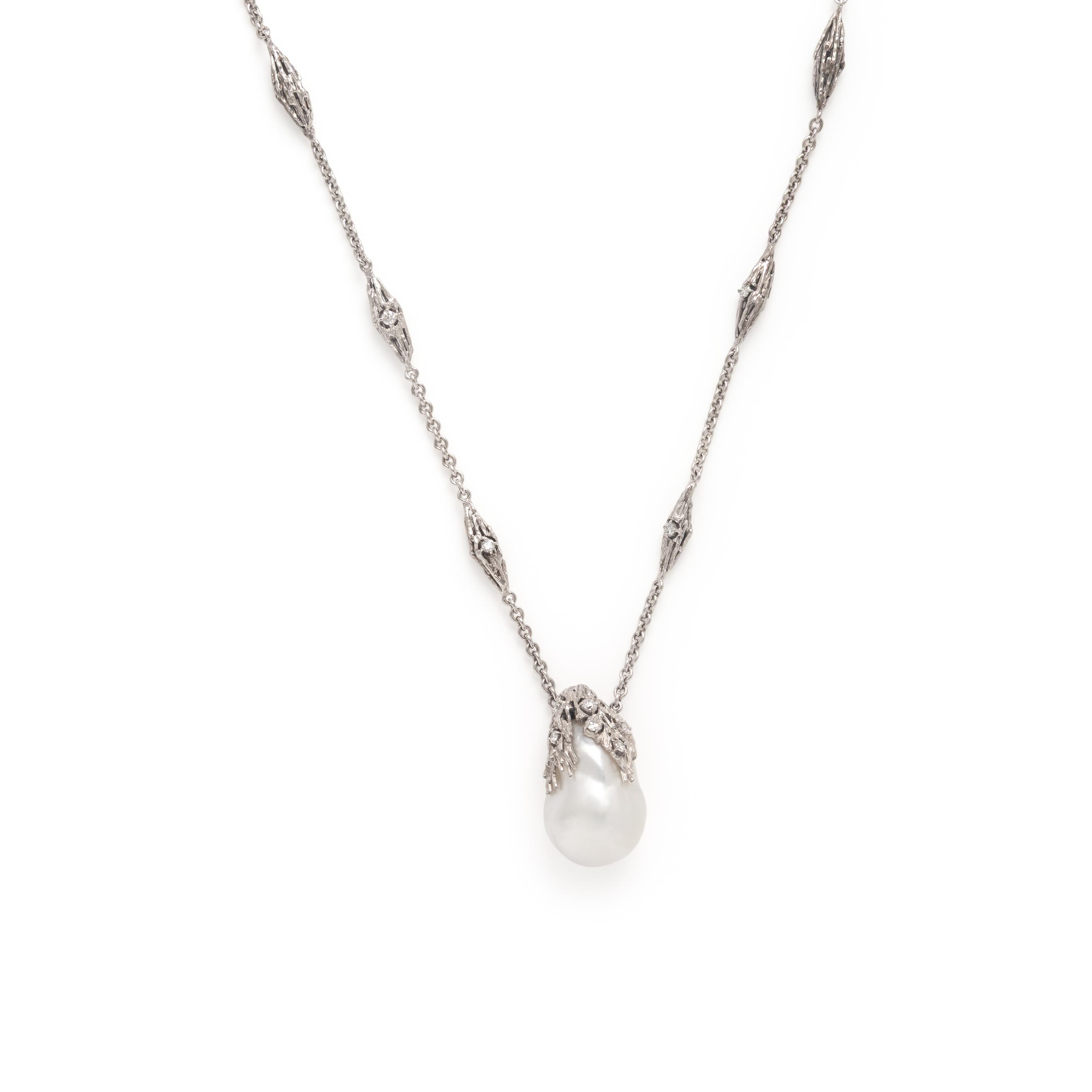 Bunda, Cultured Baroque Pearl, Diamond, and White Gold Pendant Necklace