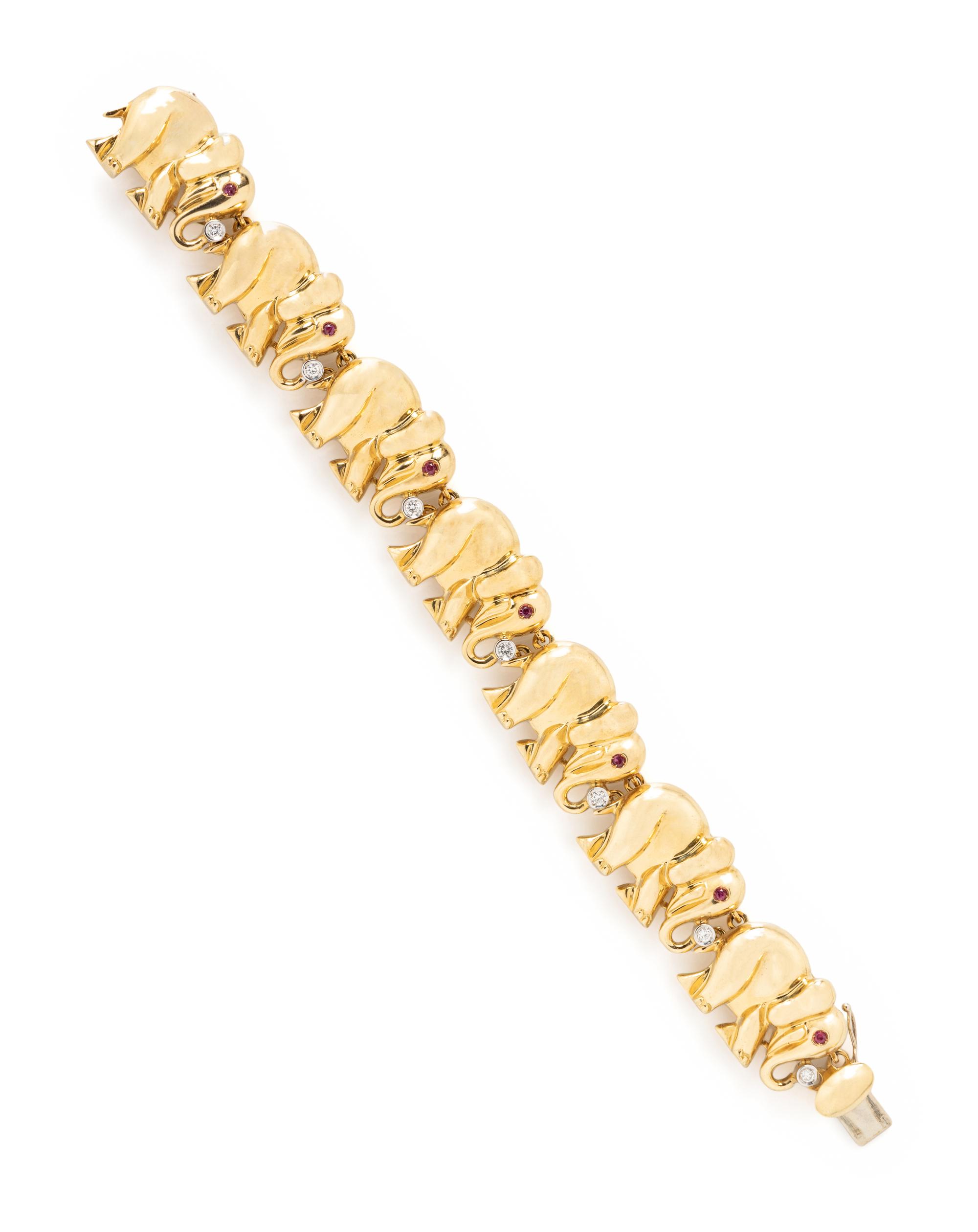 YELLOW GOLD, DIAMOND AND RUBY ELEPHANT BRACELET