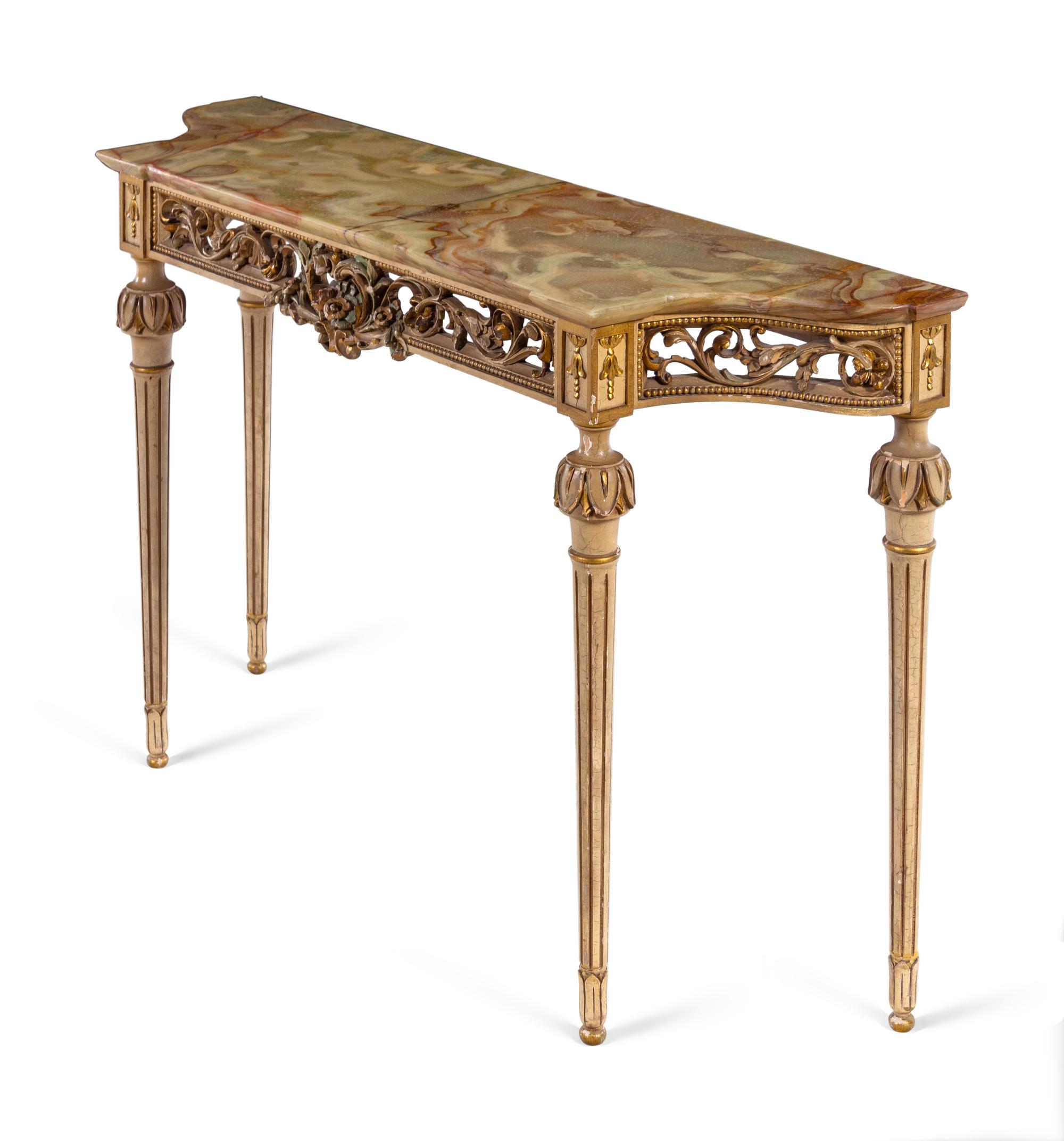 A Louis XVI Style Painted and Parcel Gilt Onyx-Top Console Table