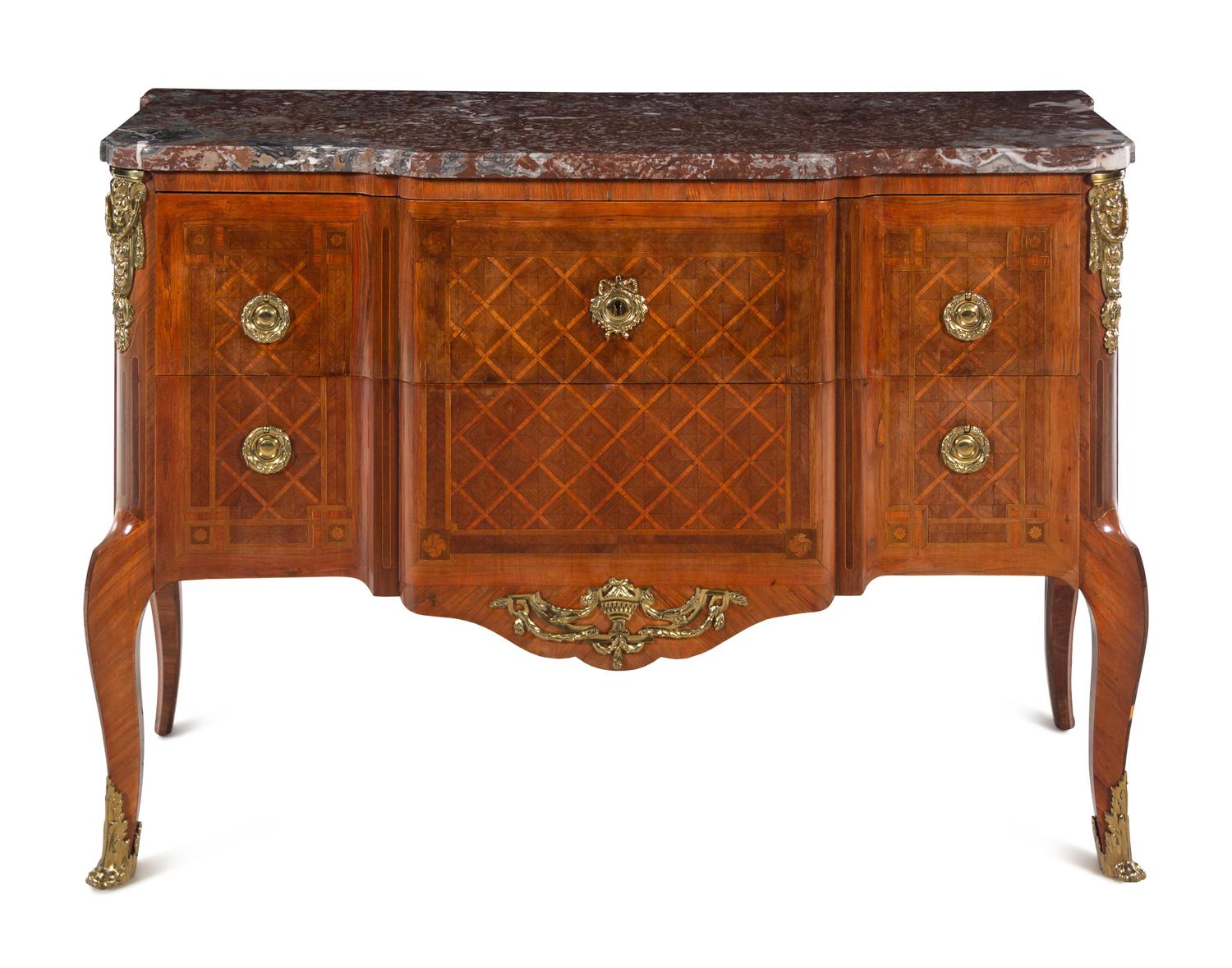 A Louis XV/XVI Transitional Parquetry Marble-Top Commode