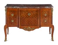 A Louis XV/XVI Transitional Parquetry Marble-Top Commode