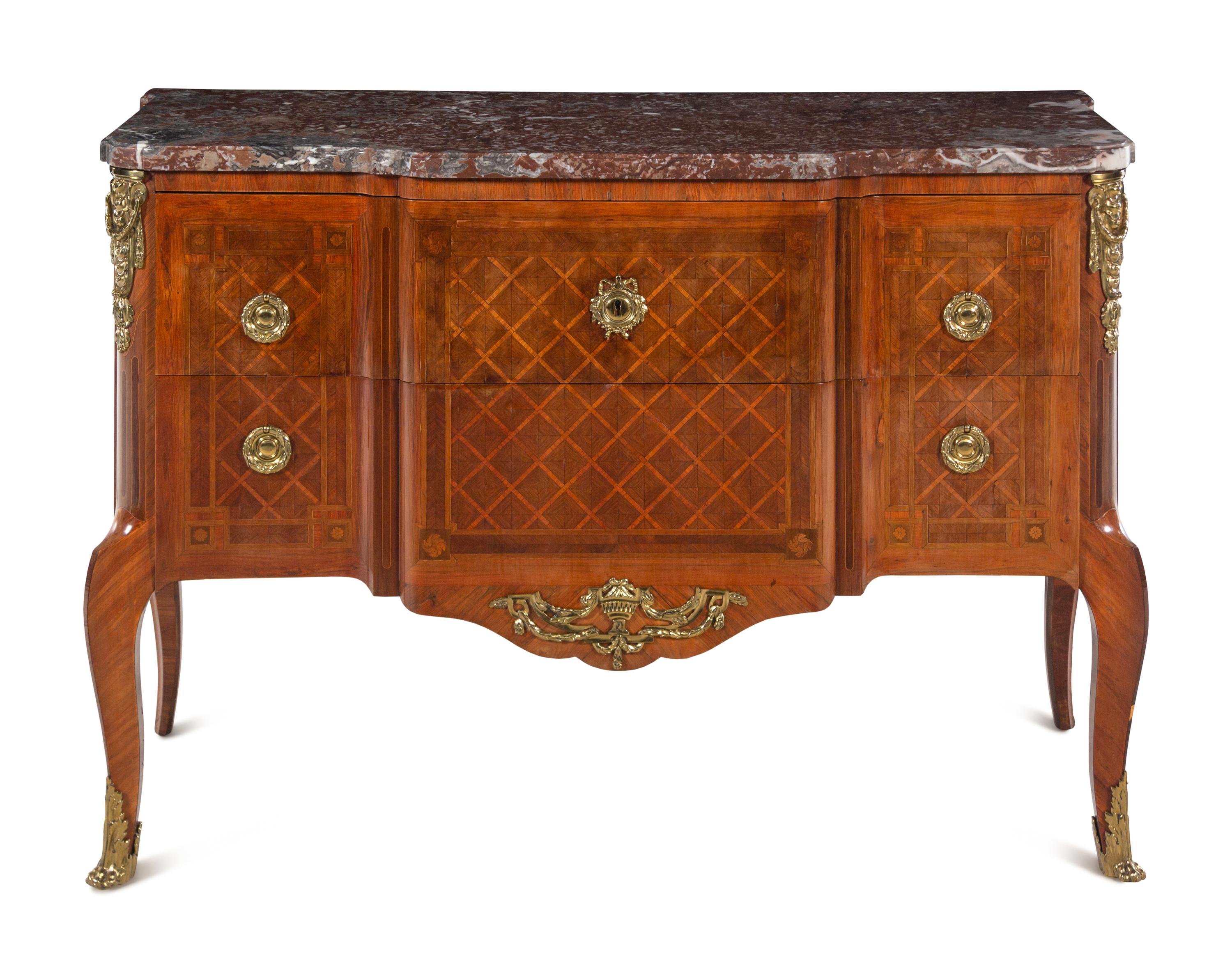 A Louis XV/XVI Transitional Parquetry Marble-Top Commode