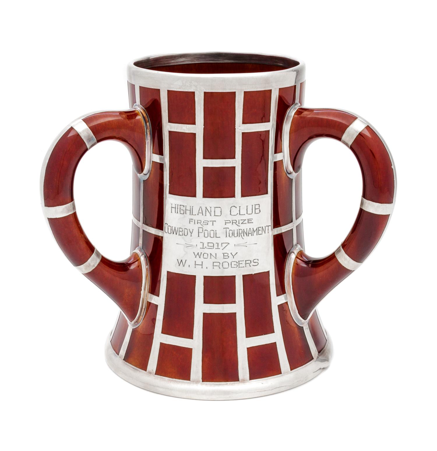 A Lenox Silver Overlay Porcelain Presentation Loving Cup Height 7 1/2 inches.