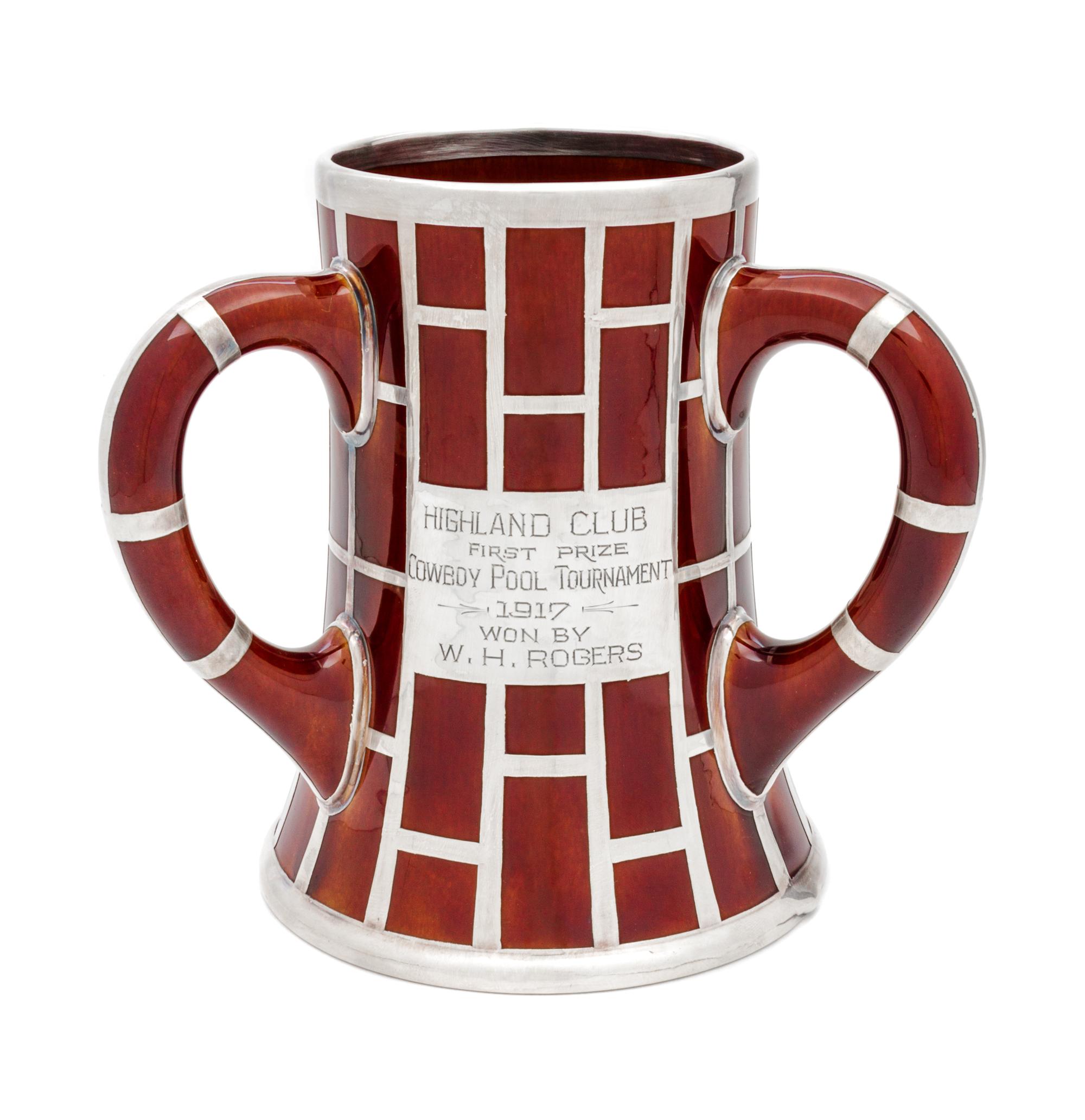 A Lenox Silver Overlay Porcelain Presentation Loving Cup Height 7 1/2 inches.