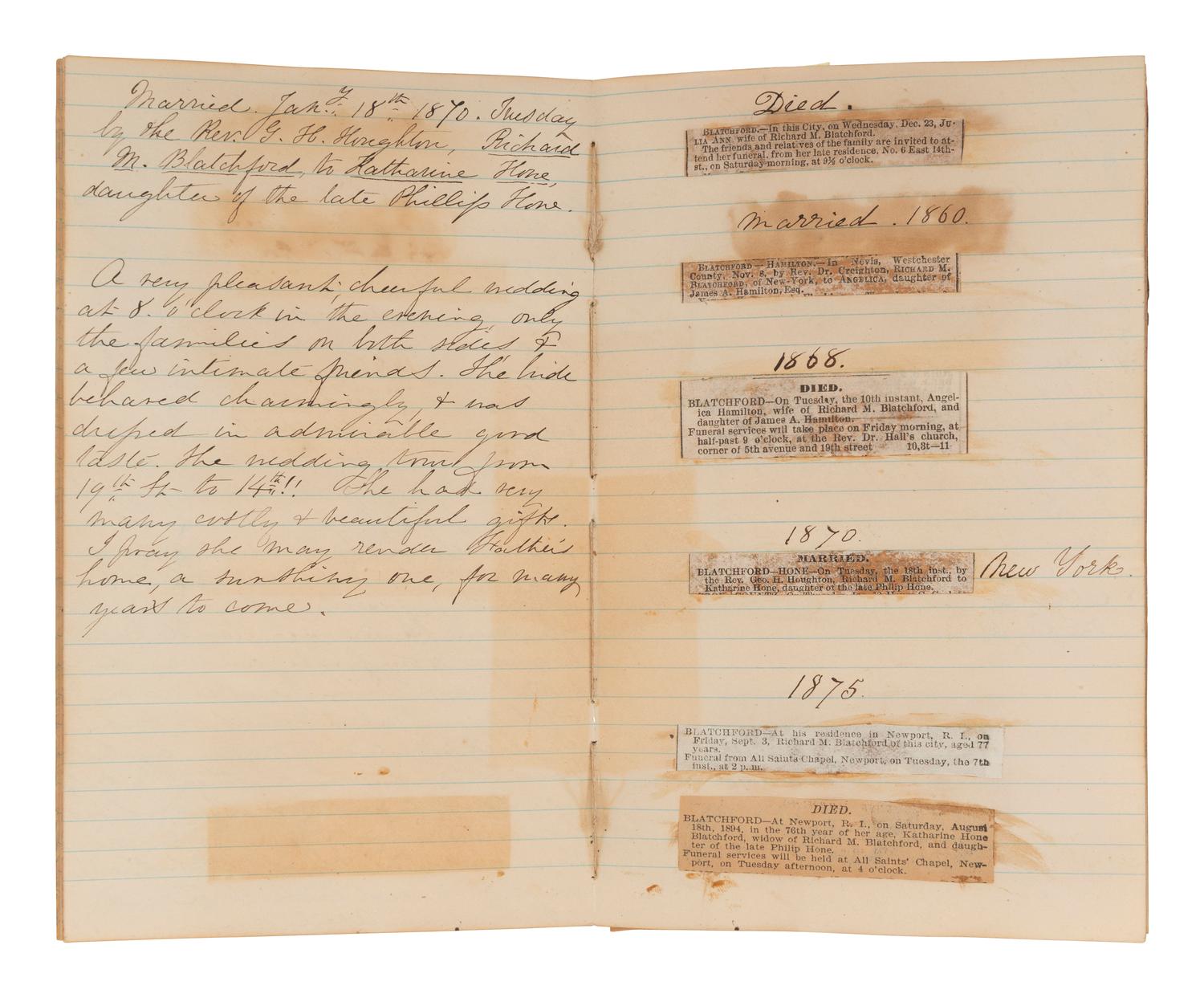 [CIVIL WAR]. BLATCHFORD, Caroline A. (1817-1901). A group of 4 Civil War-era diaries written by Caroline Appleton Blatchford, including discussion of prominent New York families, the ongoing war, and work with the Women's Central Relief Association.