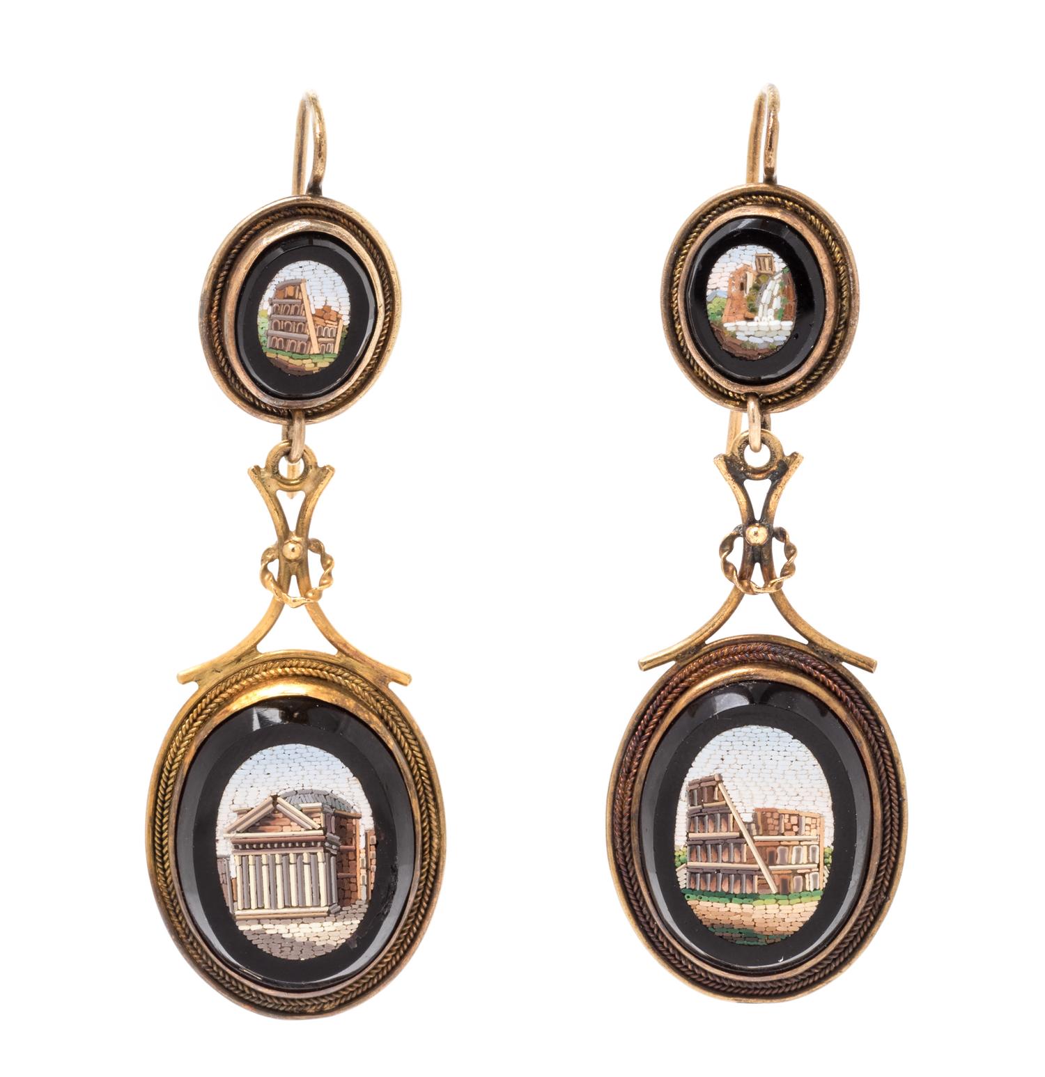 A Pair of Victorian Grand Tour Yellow Gold and Micromosaic Earrings, 7.05 dwts.