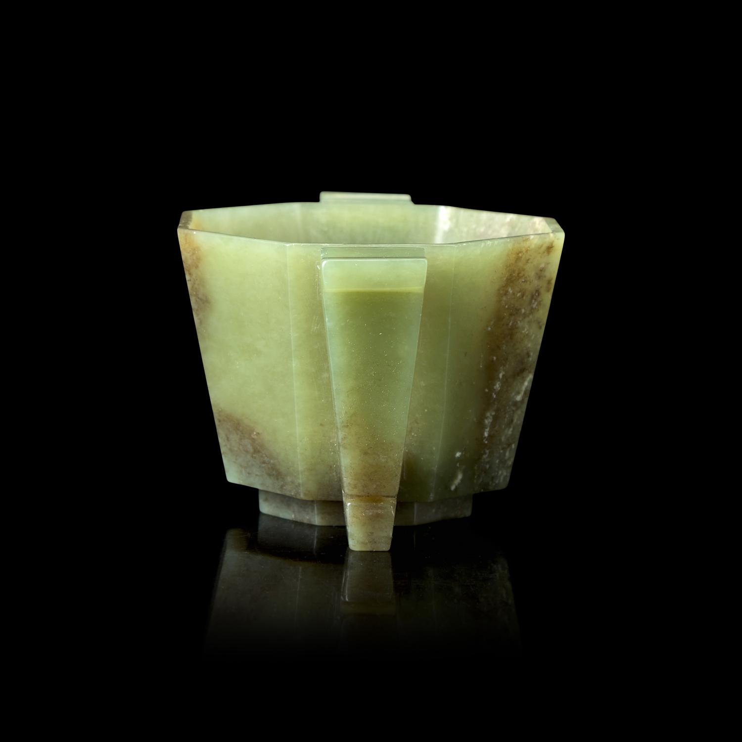 A Chinese Celadon Jade Octagonal Cup 青玉八方杯