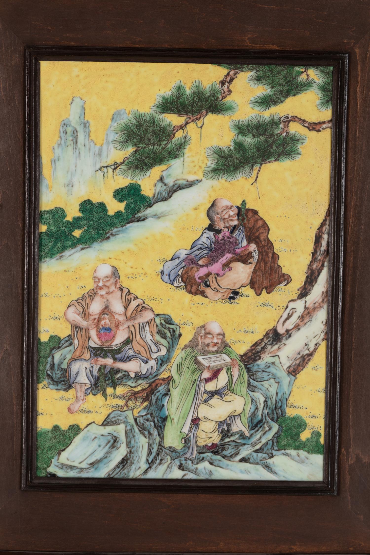 A Pair of Chinese Famille Rose Porcelain Inset Hardwood Wall Panels