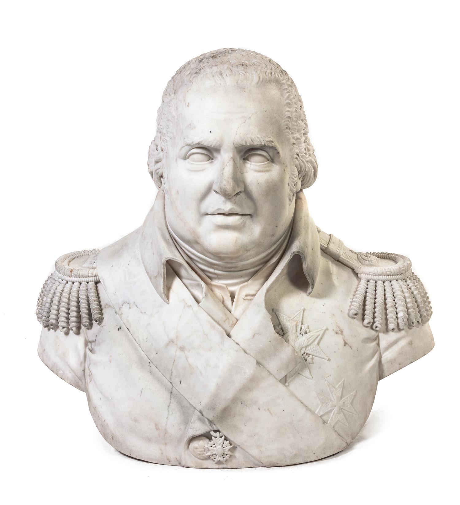 An English Carved Marble Bust, Height 20 1/2 inches.