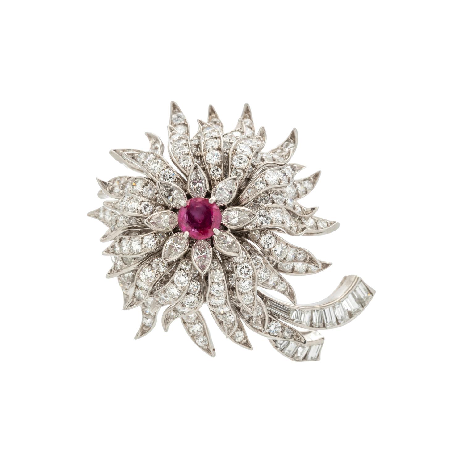 RUBY AND DIAMOND FLOWER PENDANT/BROOCH