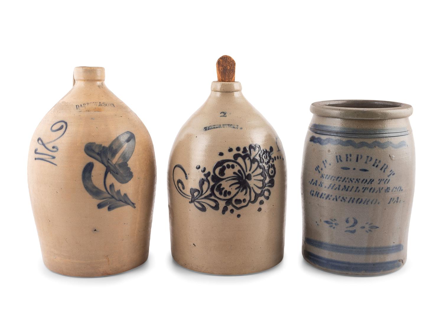 Three Cobalt-Decorated Stoneware Vessels