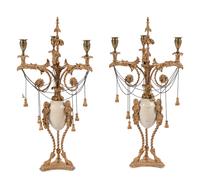 A Pair of Late George III 'Ostrich Egg' and Giltwood Three-Light Candelabra