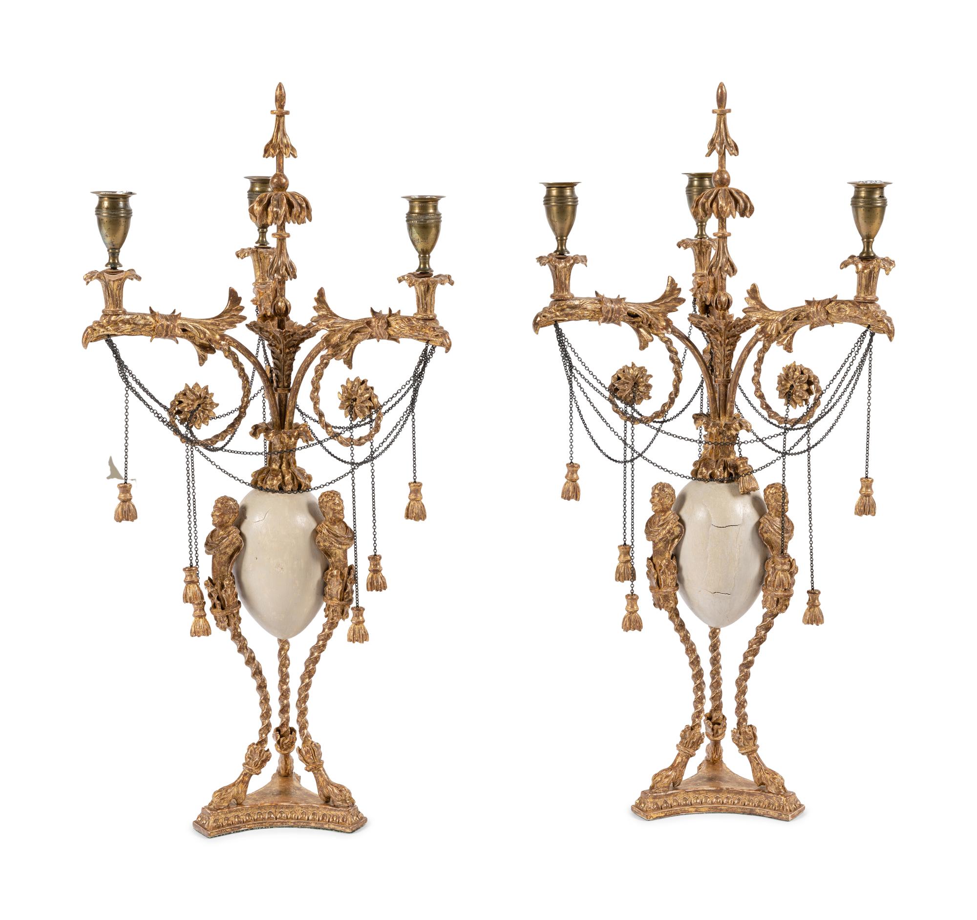 A Pair of Late George III 'Ostrich Egg' and Giltwood Three-Light Candelabra