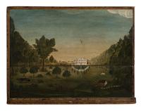 A Rare Painted Pine Fireboard with Scene of a Country Estate