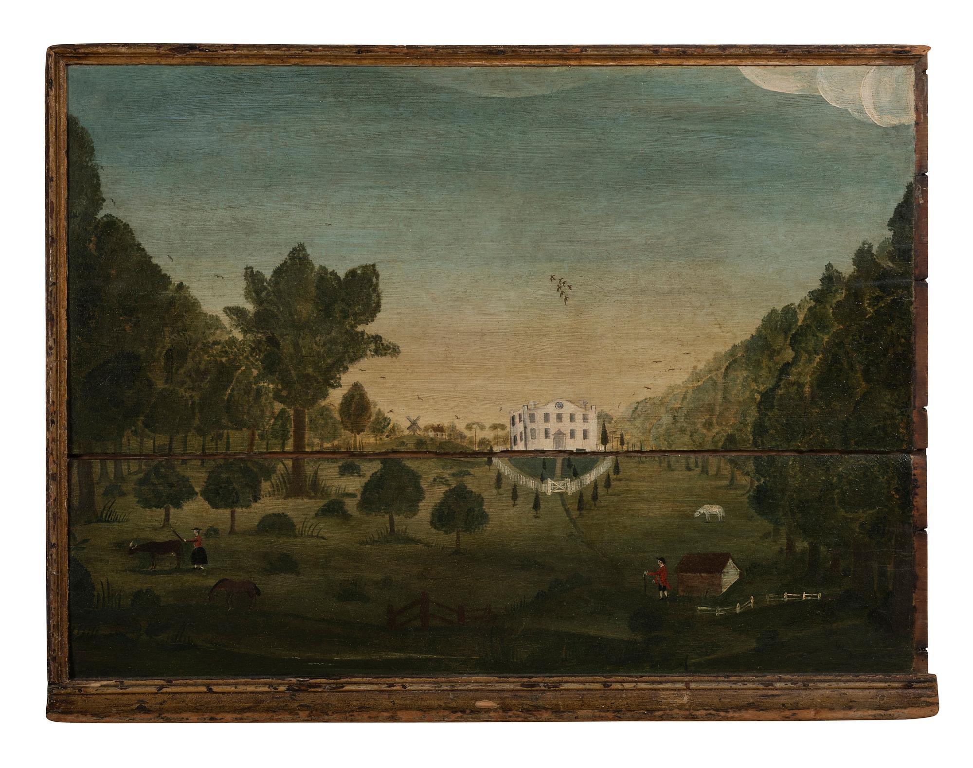 A Rare Painted Pine Fireboard with Scene of a Country Estate