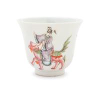 Six White Sgraffito Ground Famille Rose Porcelain "Eight Immortal' Bell-Shaped Wine Cups
