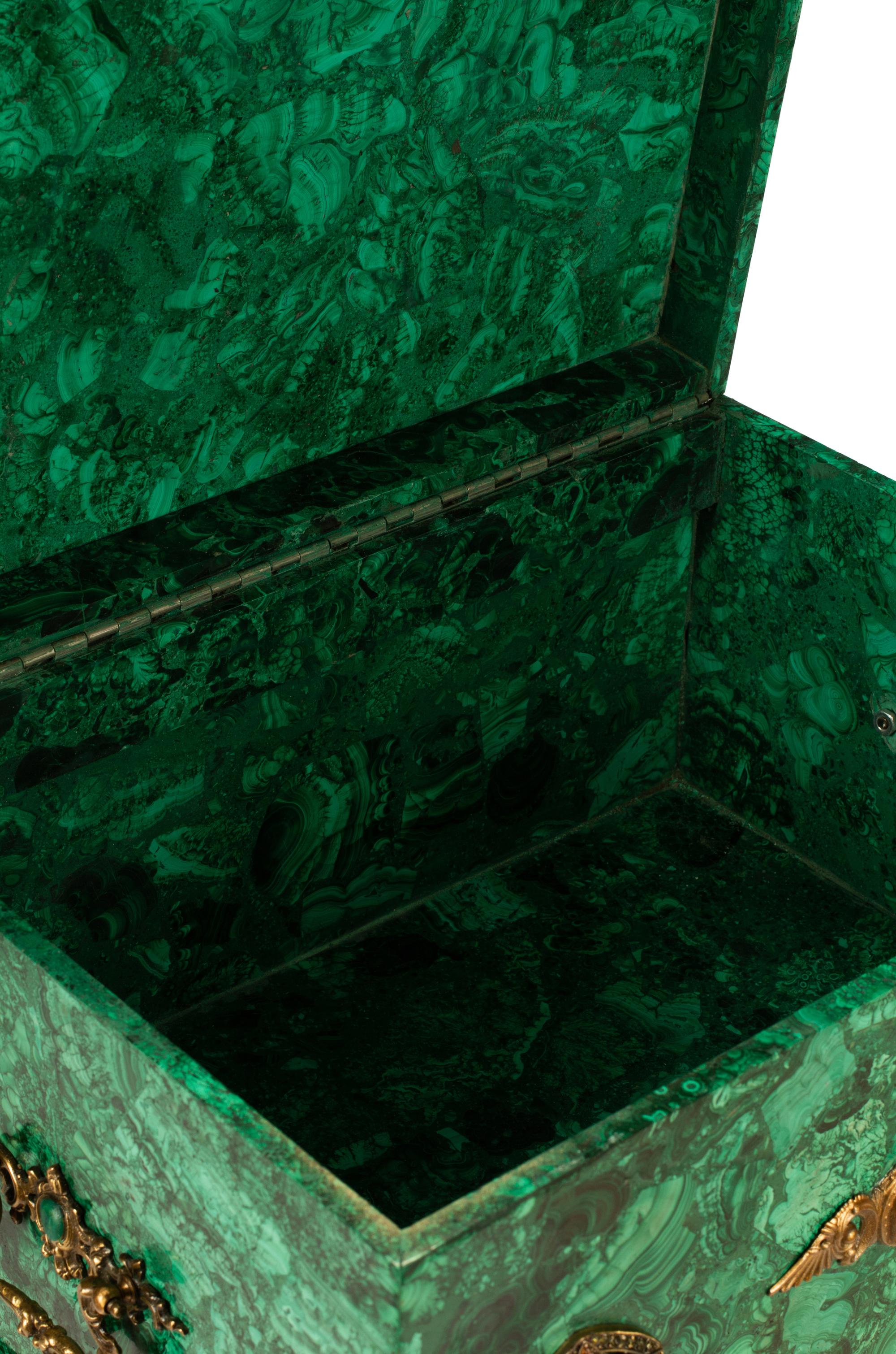 A Continental Jeweled Malachite Table Casket on Stand